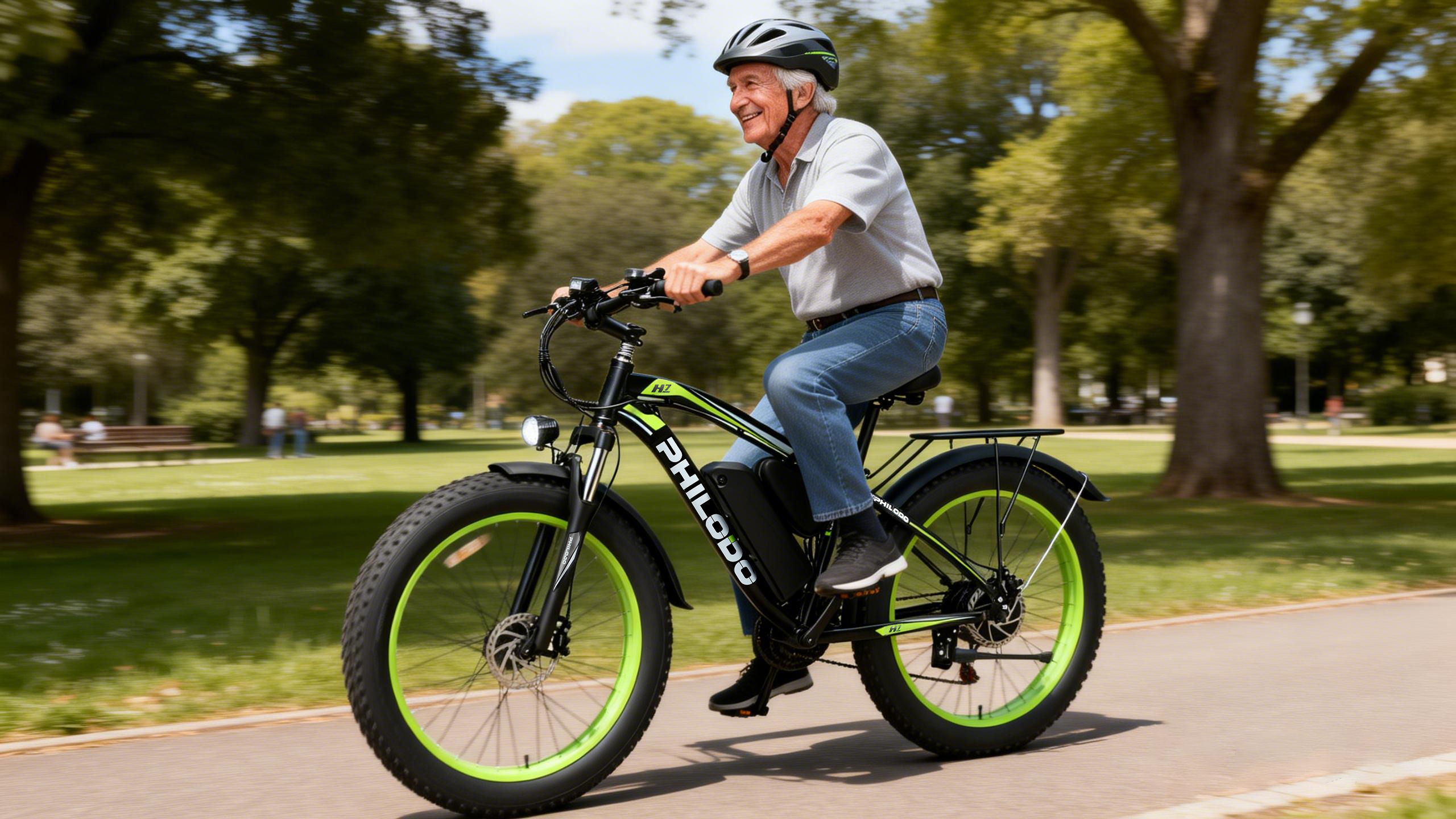 Un hombre monta una bicicleta eléctrica negra con aros verdes por un parque.