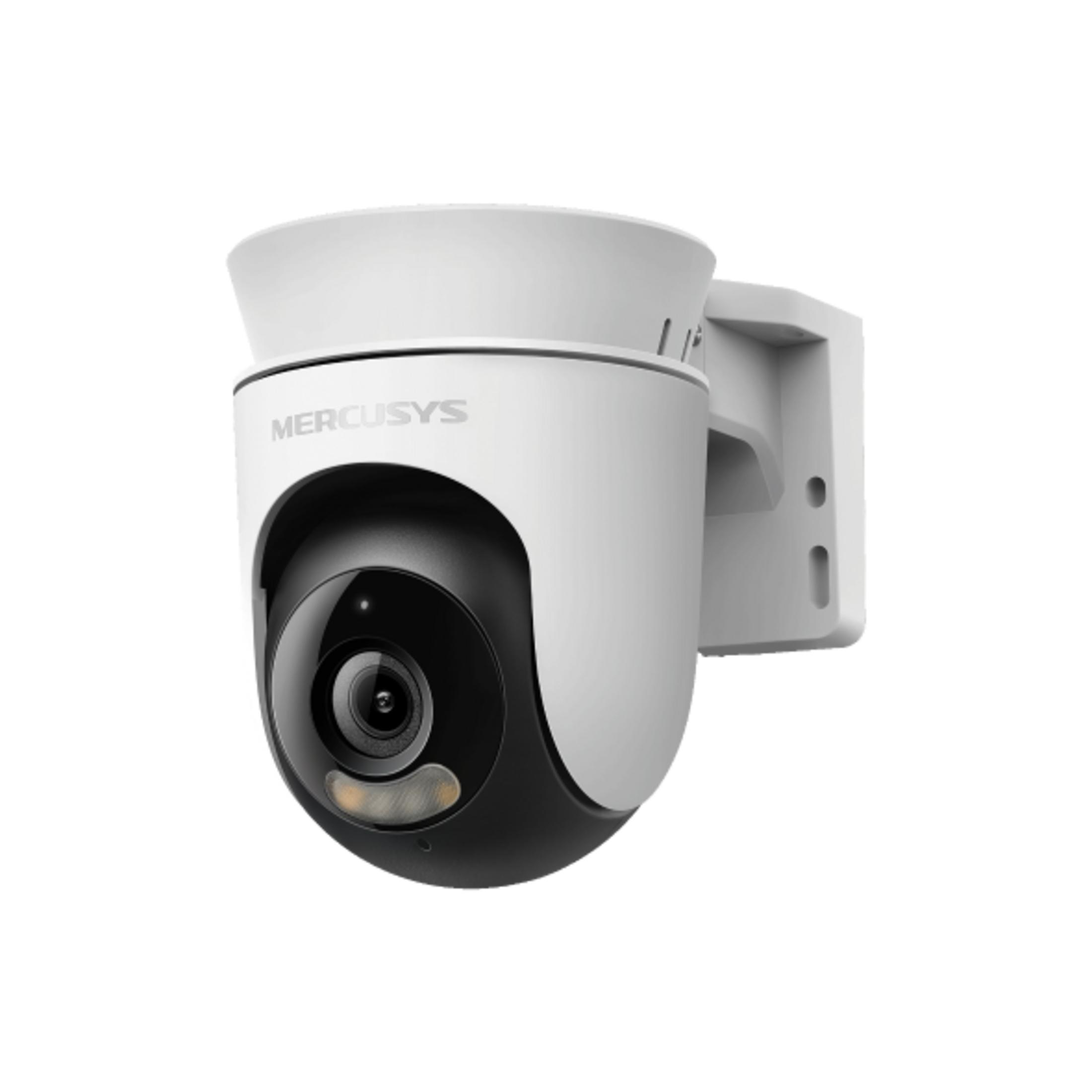 Una telecamera di sicurezza Mercusys bianca con obiettivo e supporto neri.