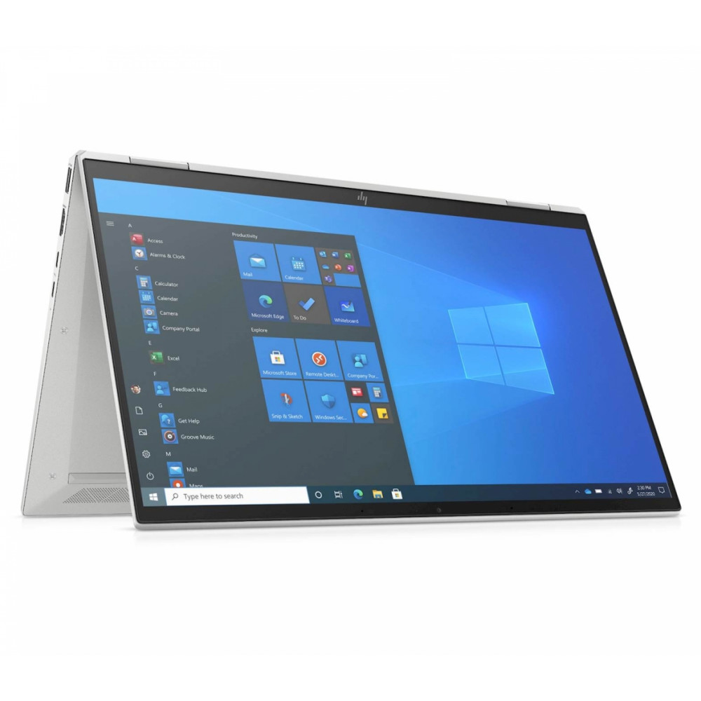 A silver HP laptop is open, displaying the Windows 10 start menu on its screen.
