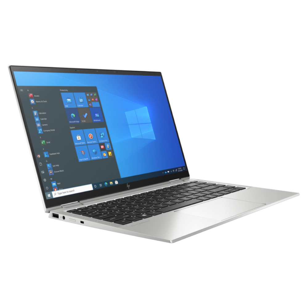 An open silver HP EliteBook laptop displaying a blue Windows screen and keyboard.