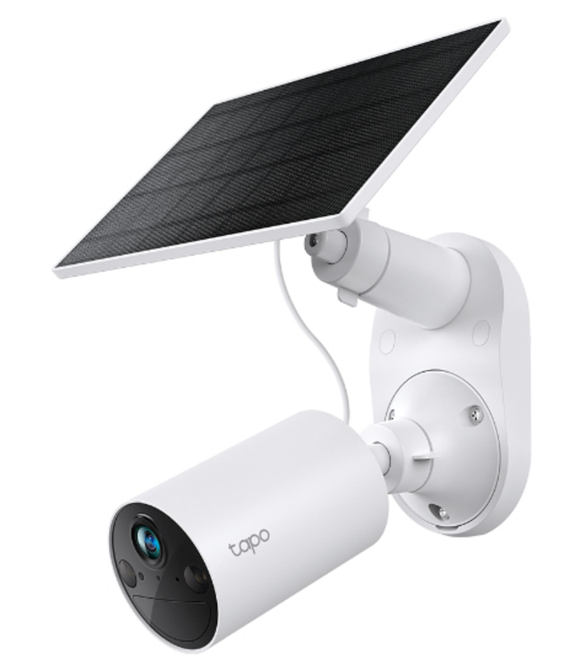 Biała kamera bezpieczeństwa z panelem słonecznym, zamontowana na białej ścianie.