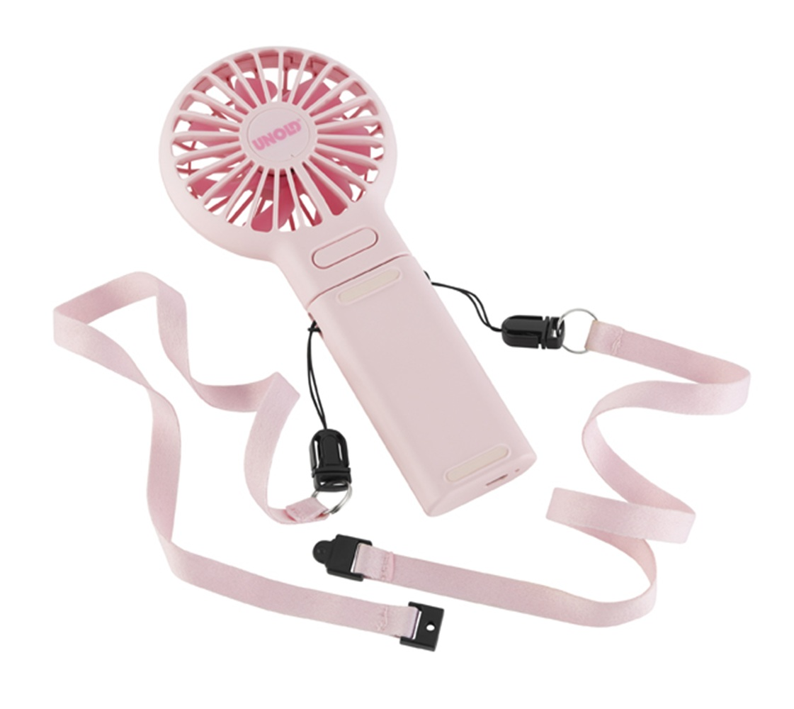 Ein rosafarbener Handventilator mit Schnur. Das Lüfterblatt ist auf der Oberseite angebracht.