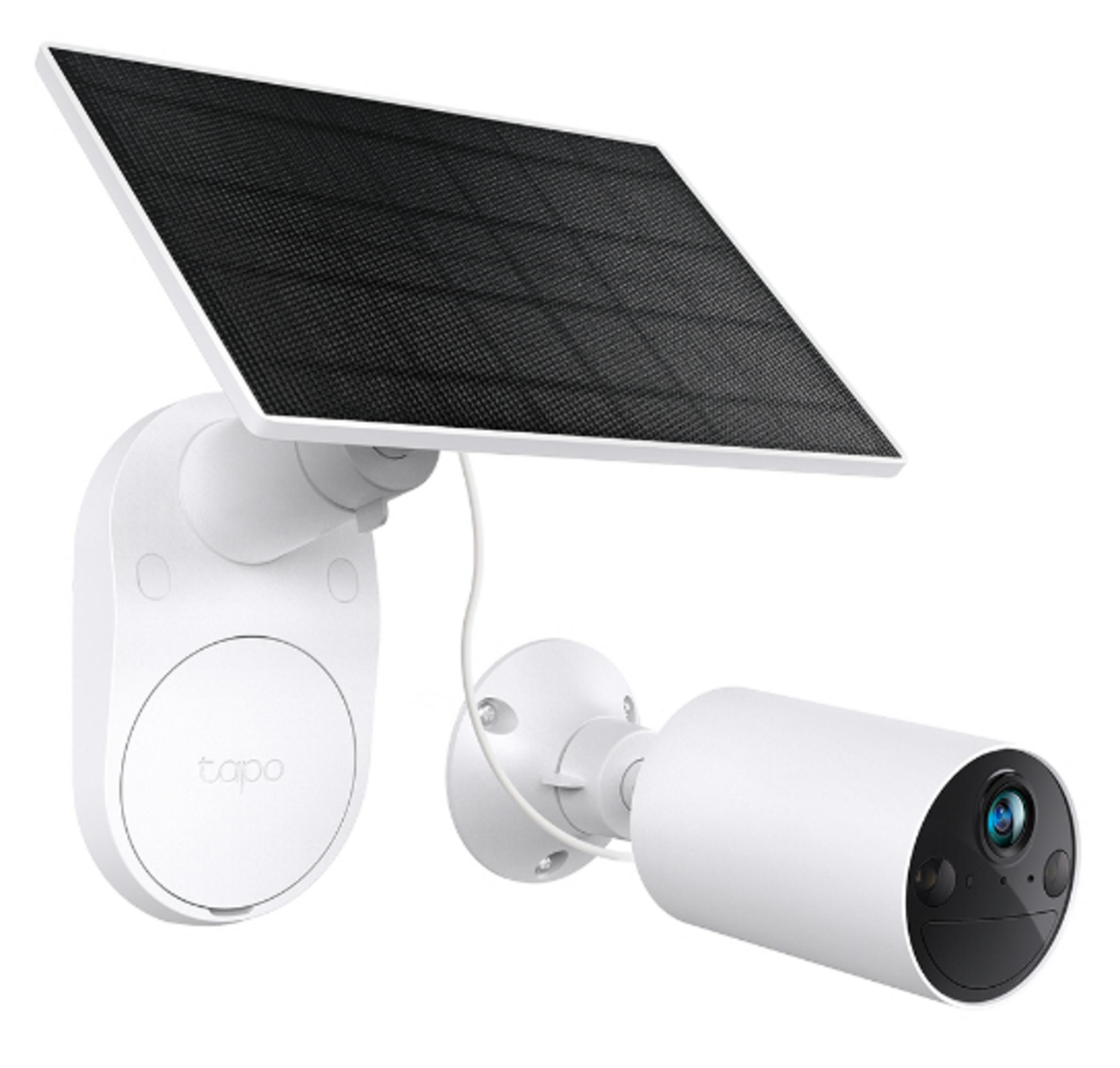 Biała kamera bezpieczeństwa z panelem słonecznym, na białym tle.