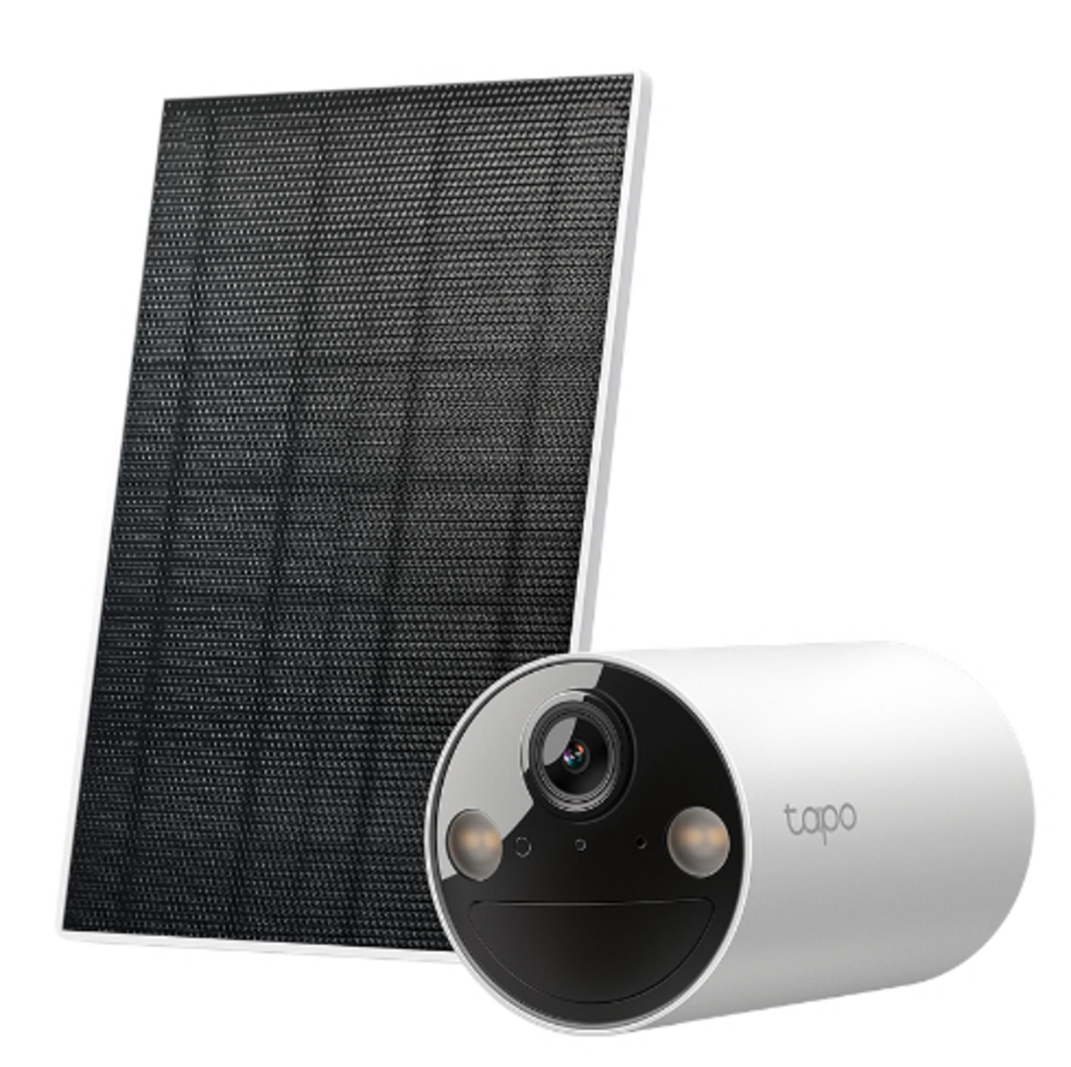 Biała kamera bezpieczeństwa z panelem słonecznym na białym tle.