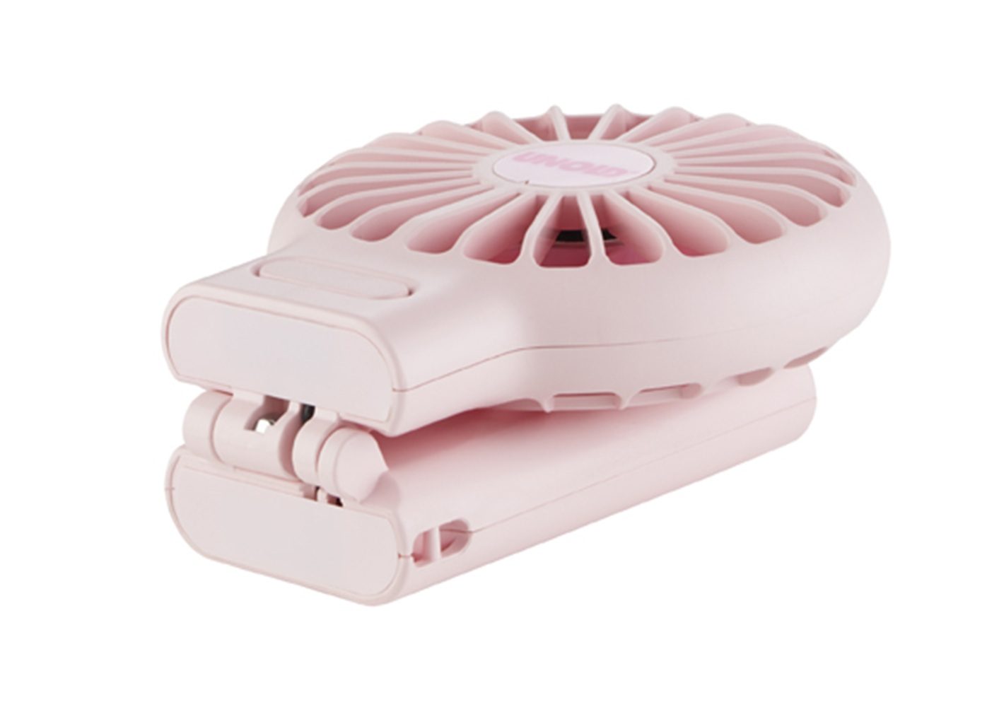 Ein rosa, faltbarer Mini-Ventilator mit Lüfterblättern und Griff.