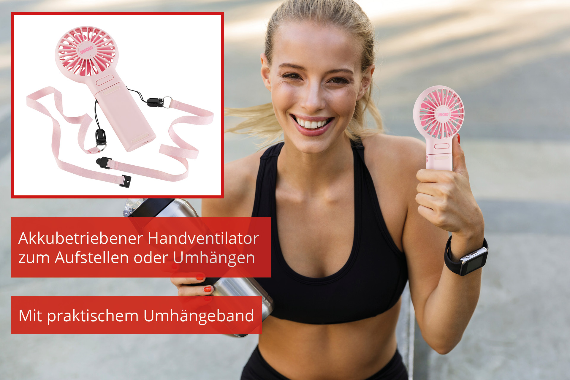 Eine Frau hält einen rosa Ventilator mit Schnur. Nahaufnahme.