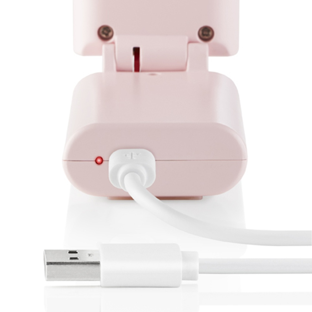 Ein rosafarbenes Gerät mit einem roten Lämpchen und einem weißen USB-Kabel.