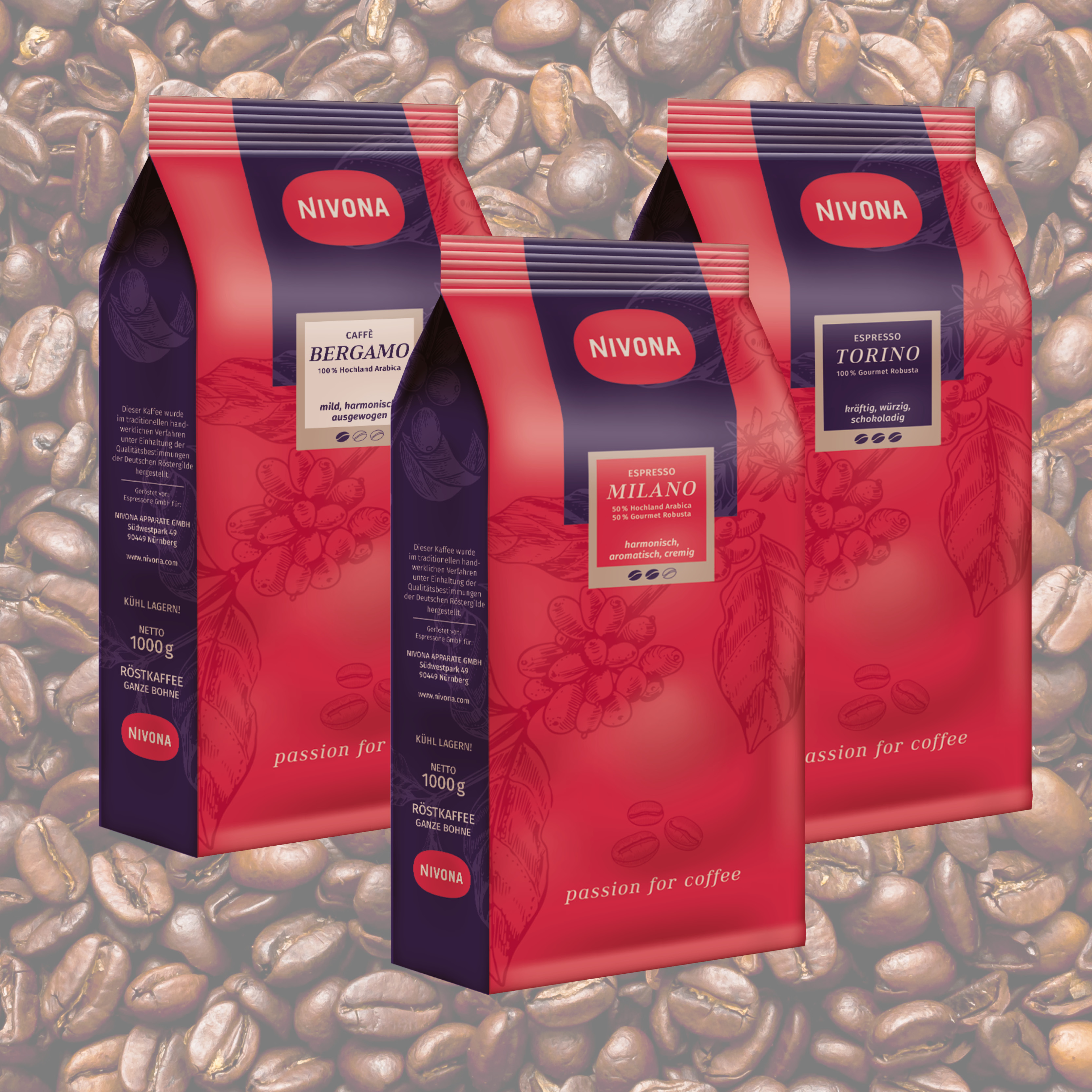 Trzy paczki kawy Nivona na tle ziaren kawy.