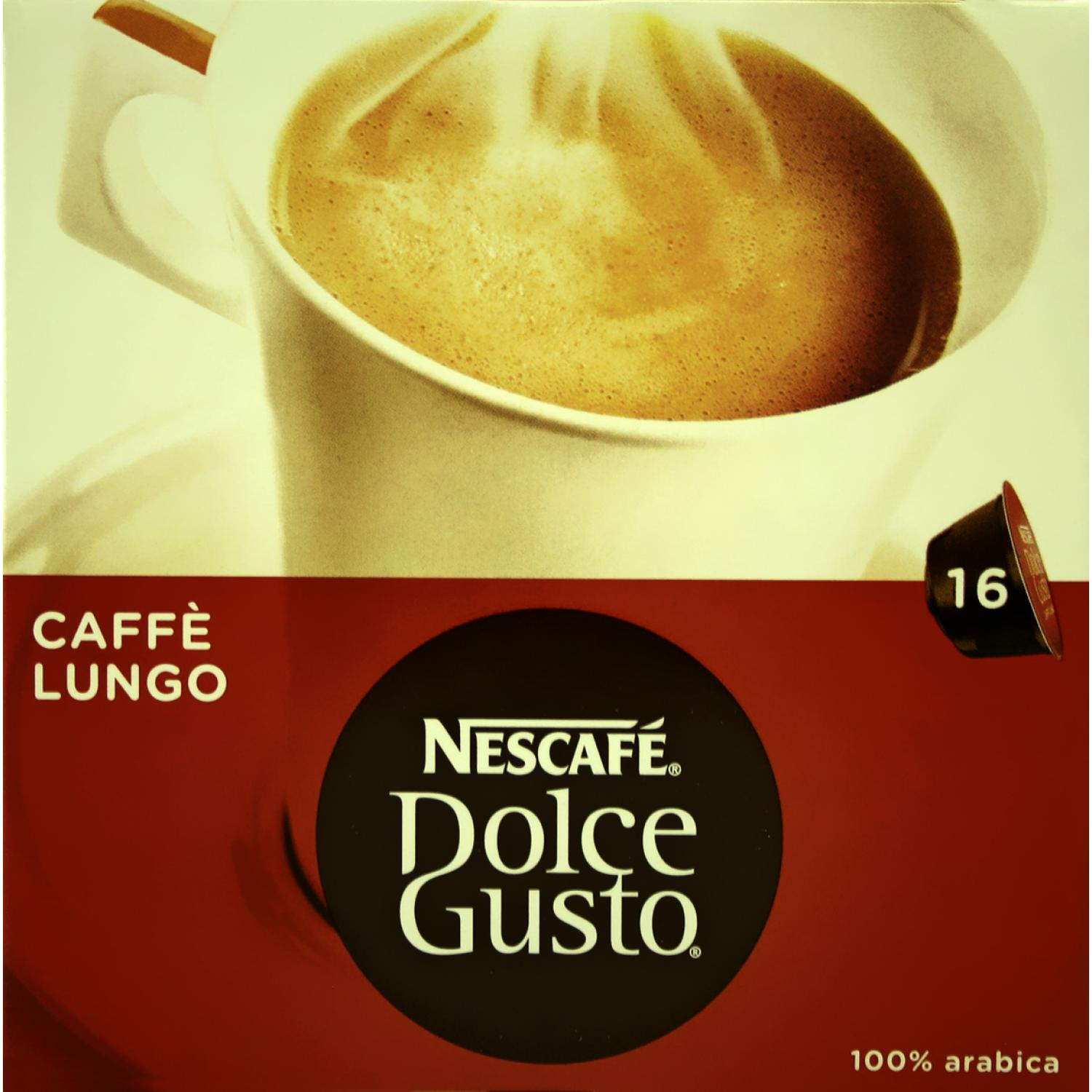 Filiżanka kawy z pianką mleczną i opakowanie Nescafé Dolce Gusto.