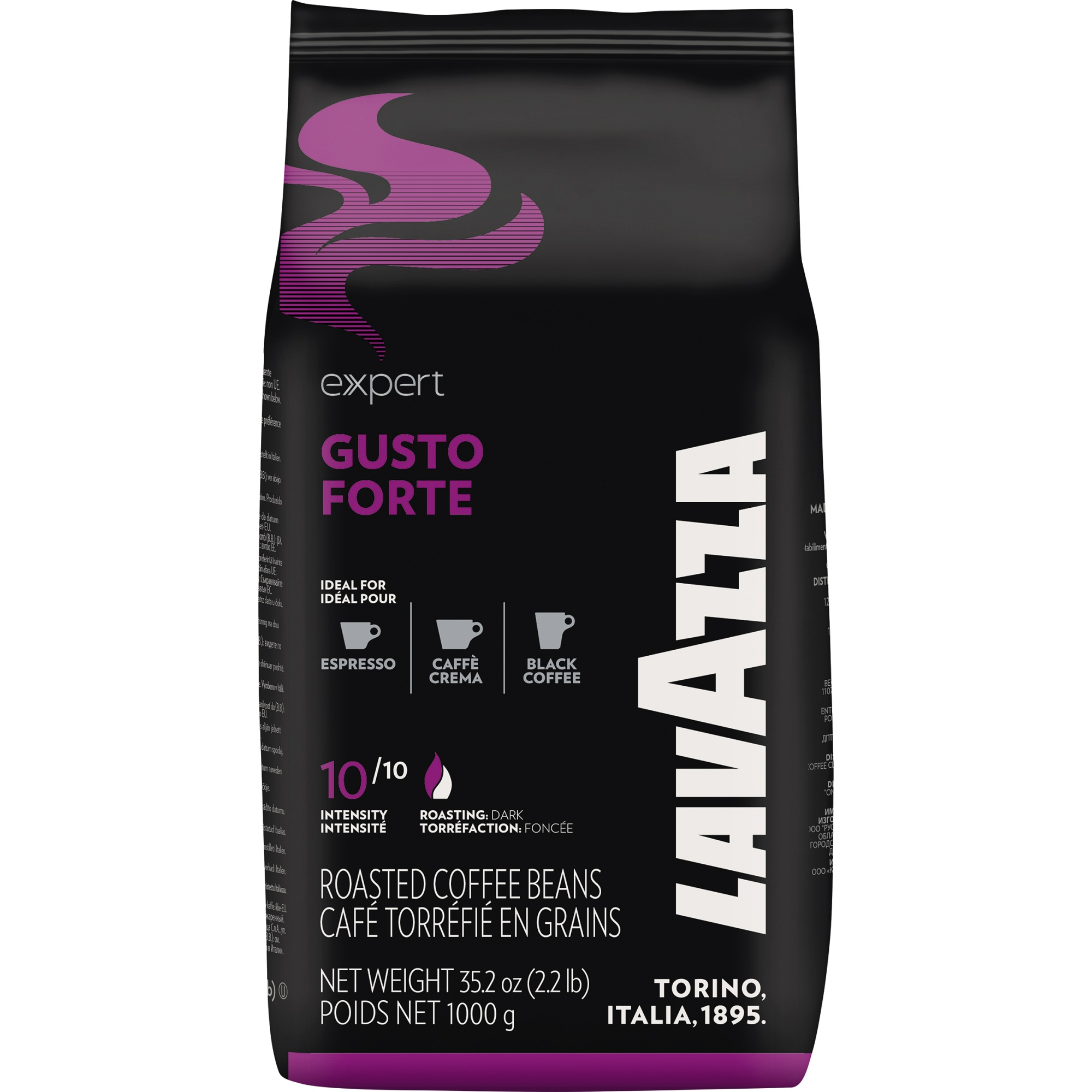 Torebka kawy Lavazza Gusto Forte: czarna z fioletowym logo, 1000g.