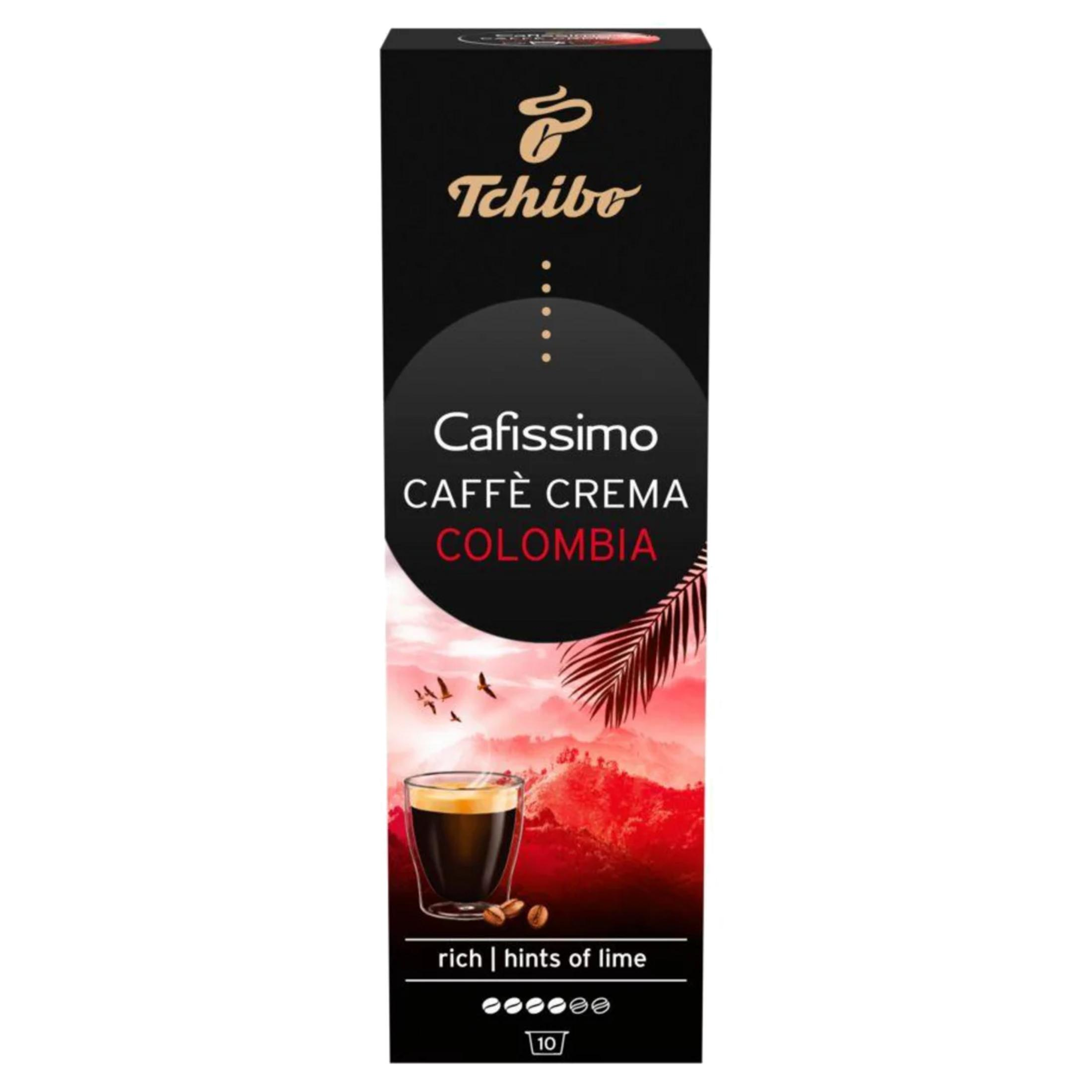 Confezione Tchibo Cafissimo Caffè Crema Colombia con espresso, chicchi e foglia di palma.
