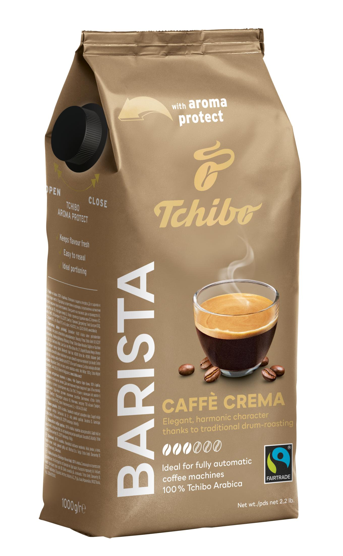 Brązowa torba kawy Tchibo ze szklanką espresso, ziarnami i logo Fairtrade.