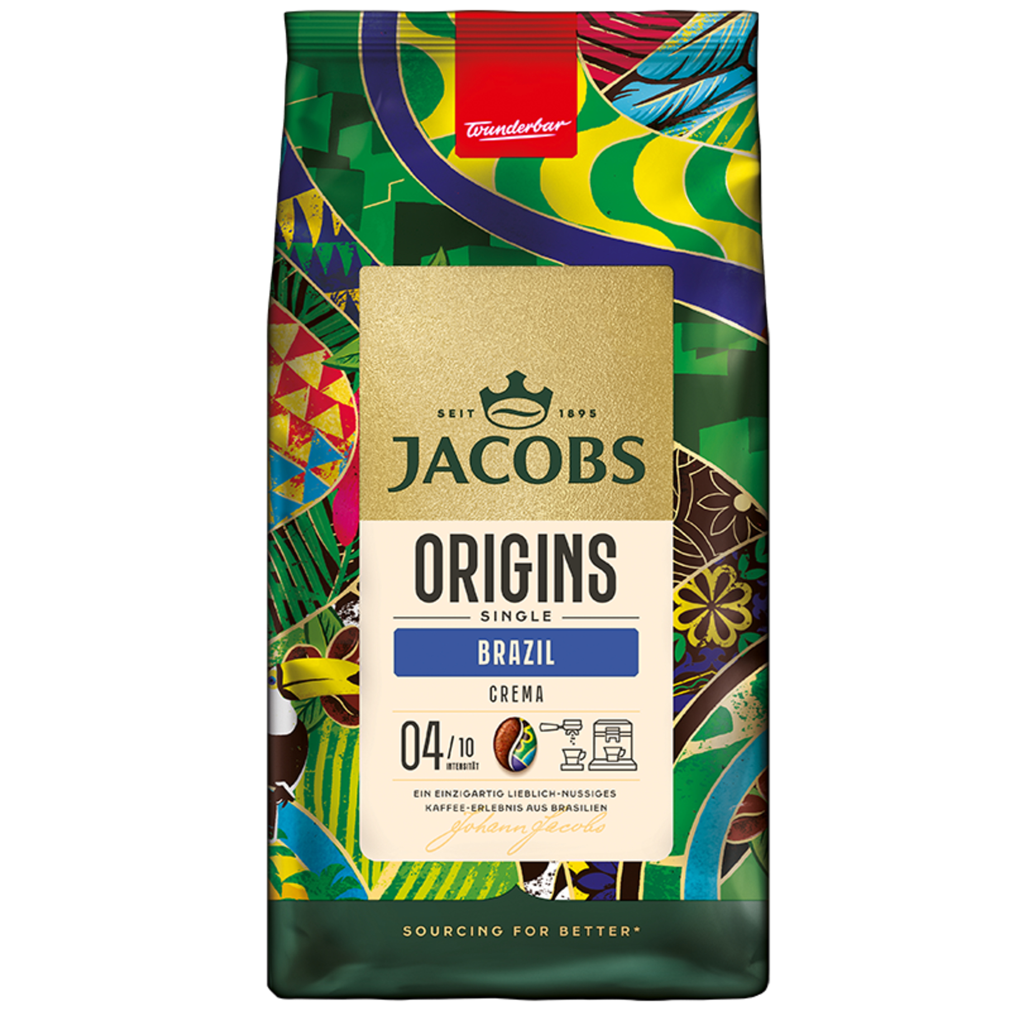 Jacobs Origins Brazil Crema Kaffee, bunte Verpackung mit tropischen Motiven.