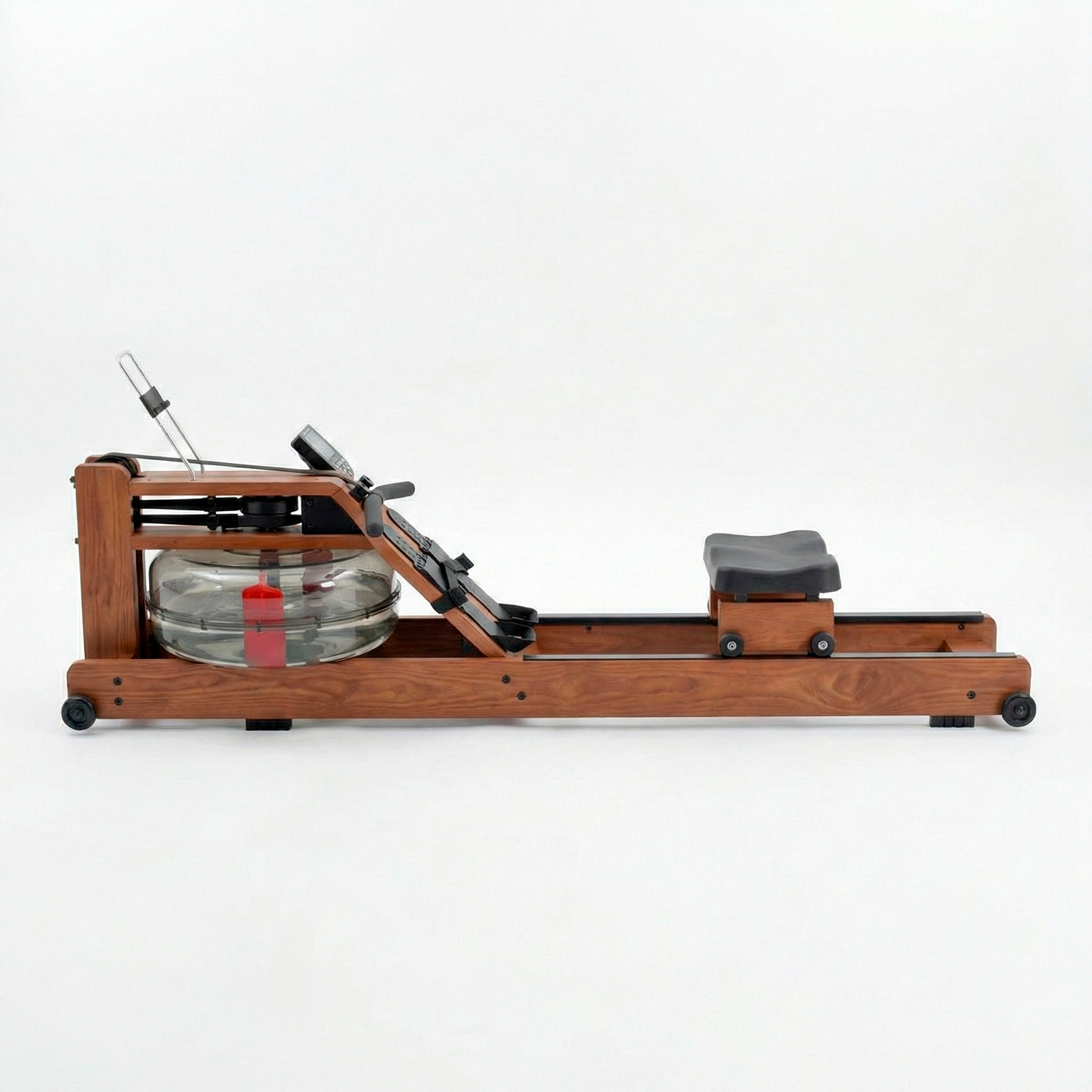 A wooden rowing machine with a water tank and black seat.
