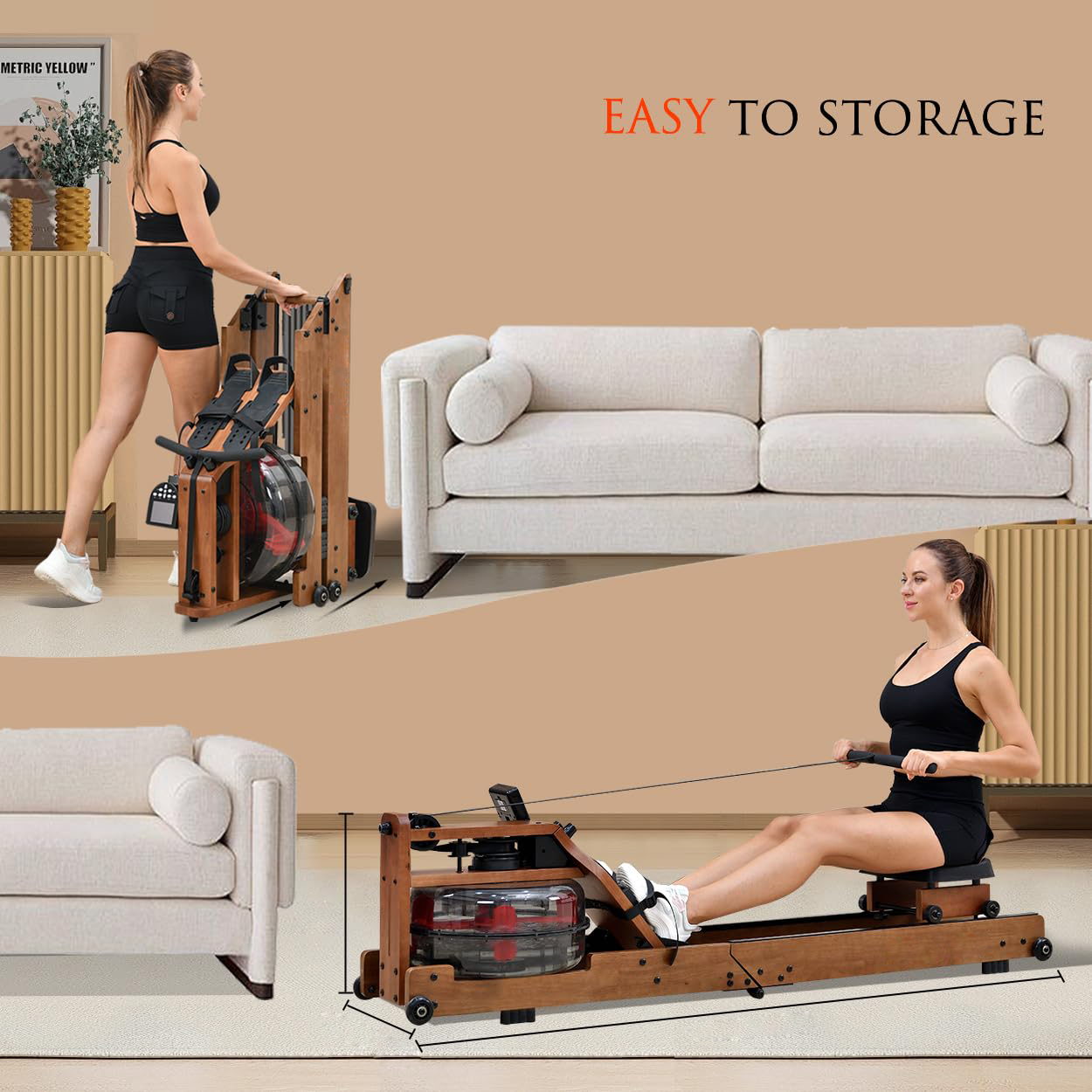 Woman uses wood rowing machine; top: woman pushes it away, bottom: woman rows.
