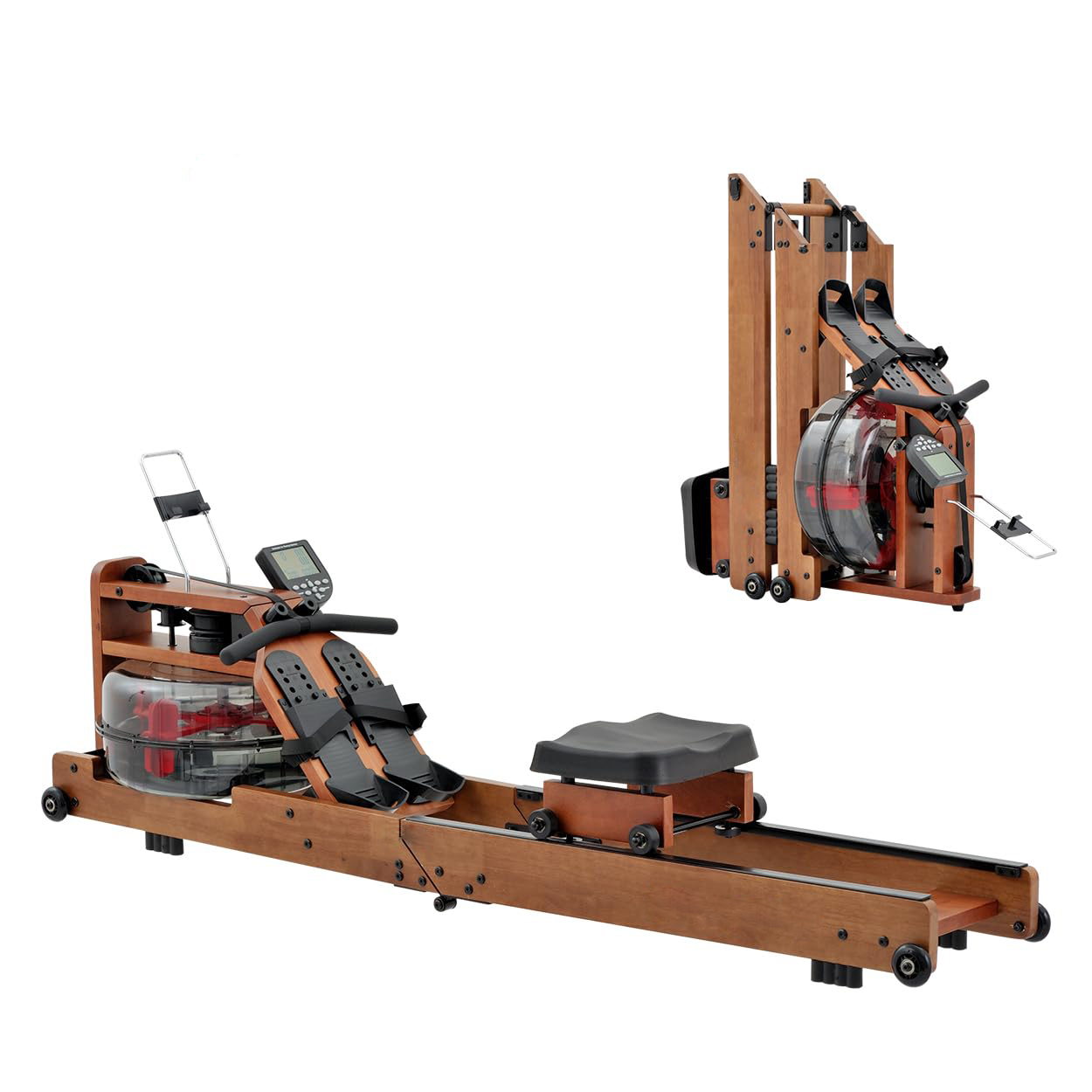 A wooden rowing machine with water tank, seat, and display.