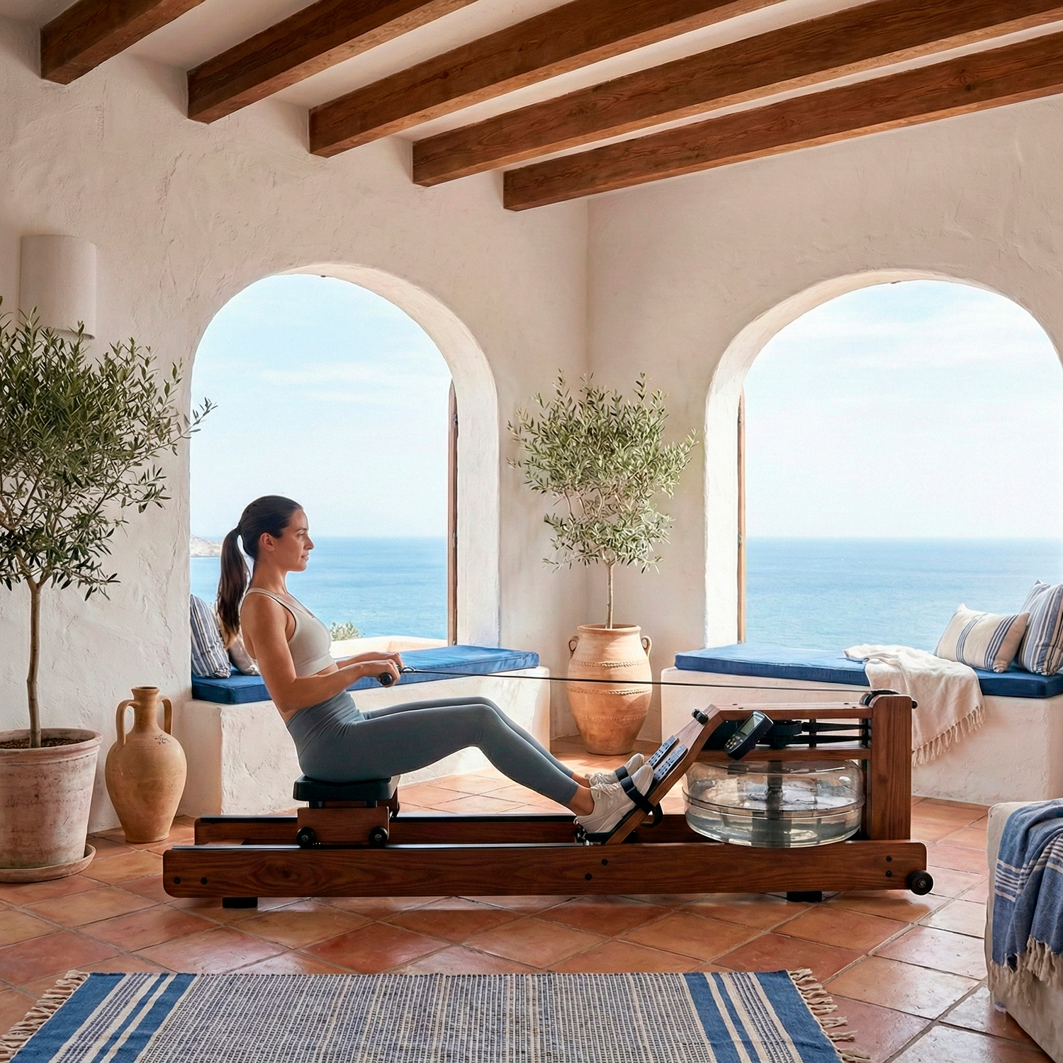 A woman rows on a water rower with an ocean view. Mediterranean interior.