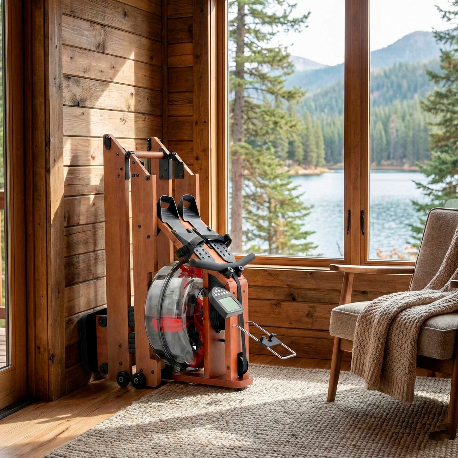 Wooden rowing machine with water tank in room, window overlooks lake and mountains.