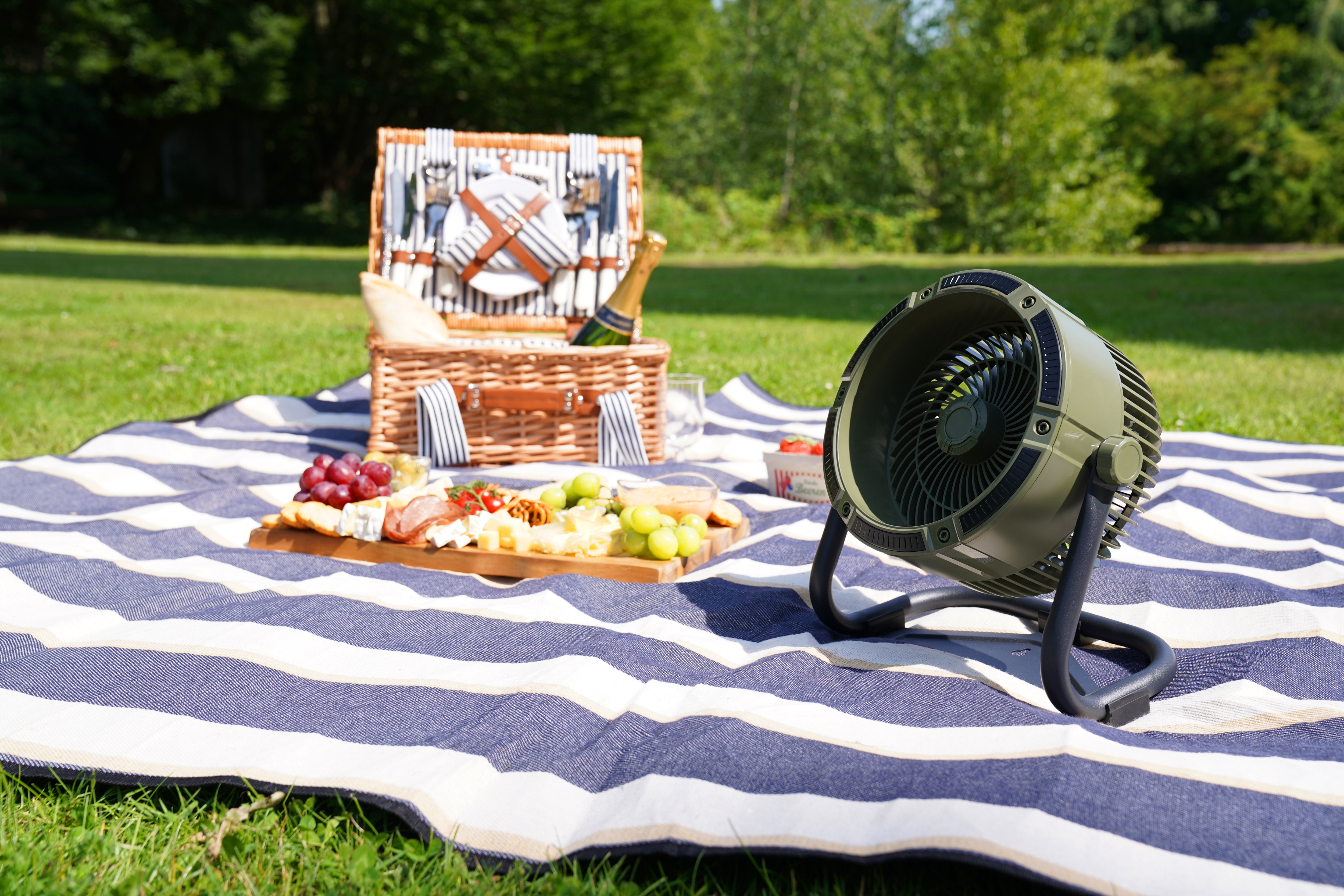 Zestaw piknikowy z jedzeniem, wentylatorem i kocem na trawie na zewnątrz.