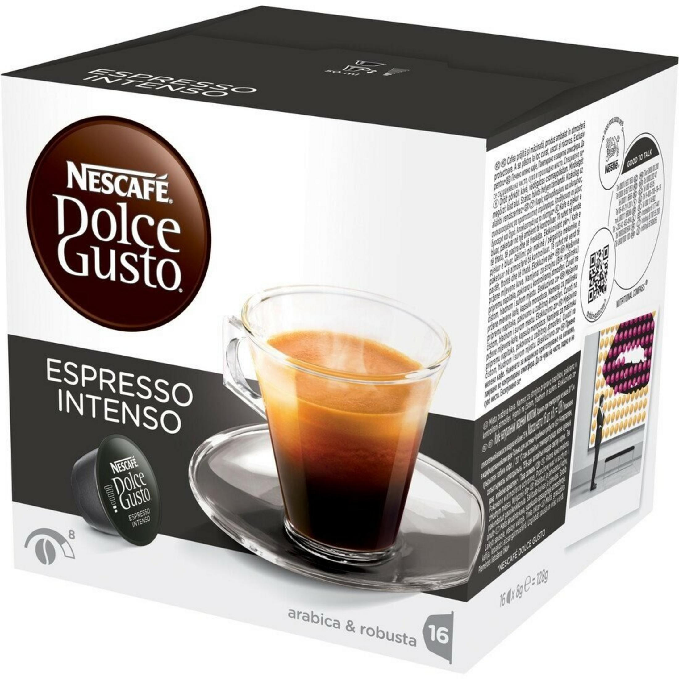 Scatola NESCAFÉ Dolce Gusto Espresso Intenso con tazza di caffè.