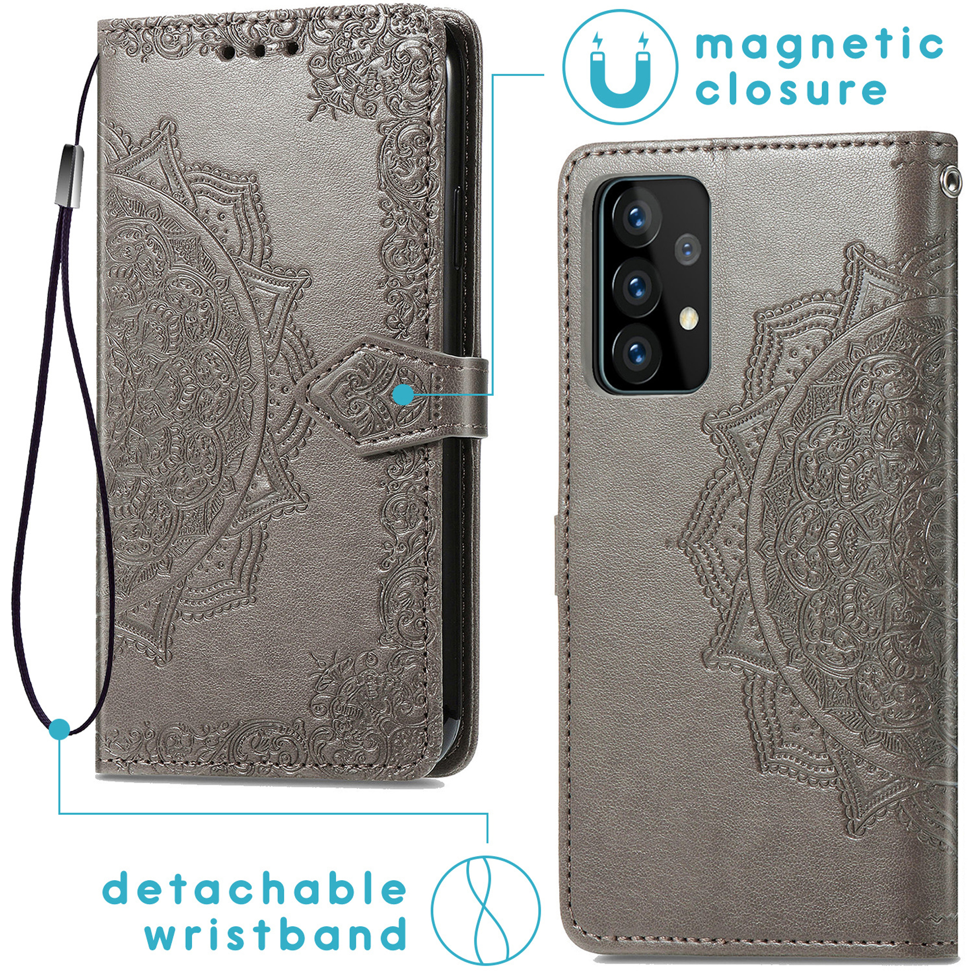 Grijze telefoonhoes met reliëf mandala, afneembare polsband en magnetische sluiting.