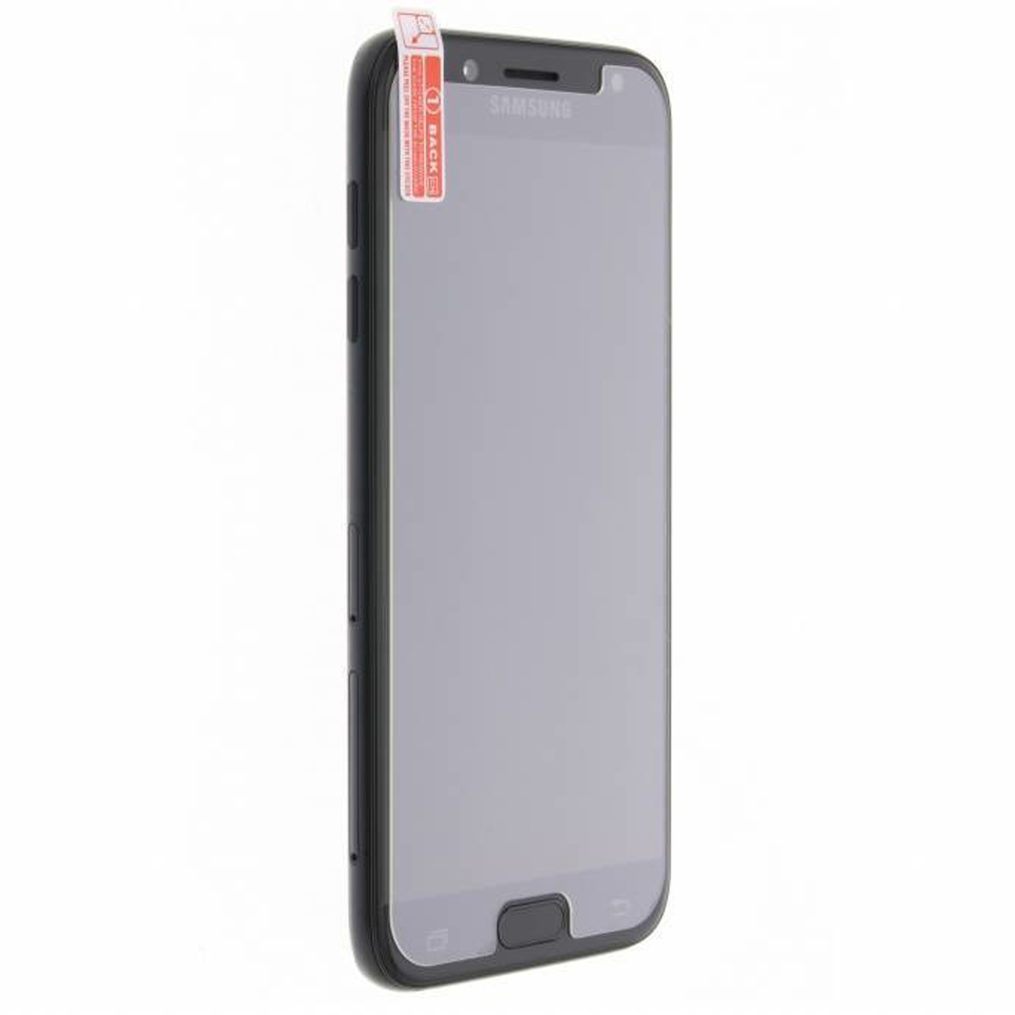 A black Samsung smartphone with a screen protector and a red sticker.