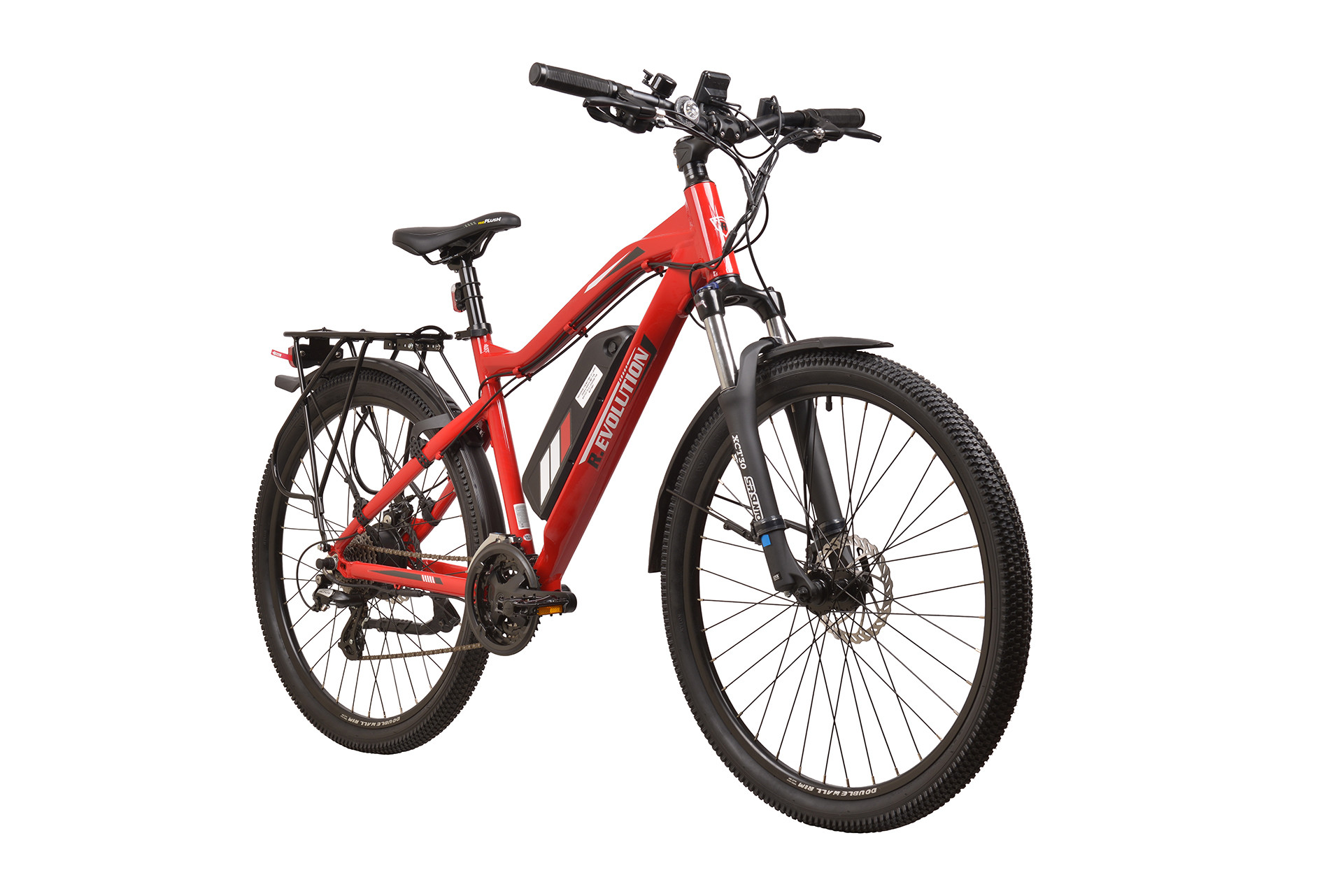 Czerwony rower elektryczny z czarnymi oponami, amortyzacją i bagażnikiem.