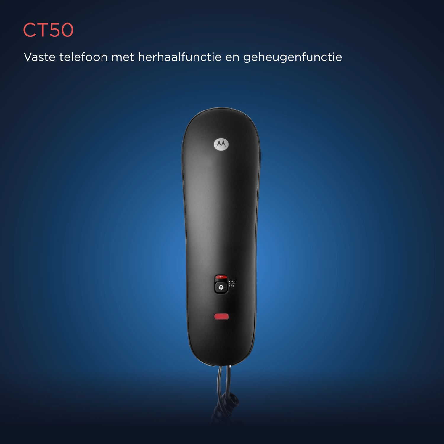 Teléfono fijo negro con logo Motorola y control de volumen del timbre.