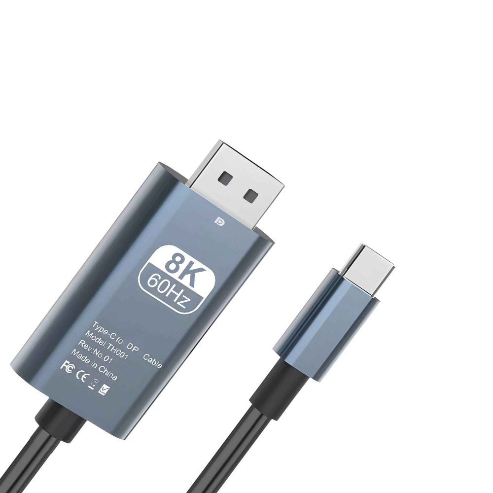 Szary kabel z oznaczeniem 8K 60Hz, ze złączami DisplayPort i USB-C.
