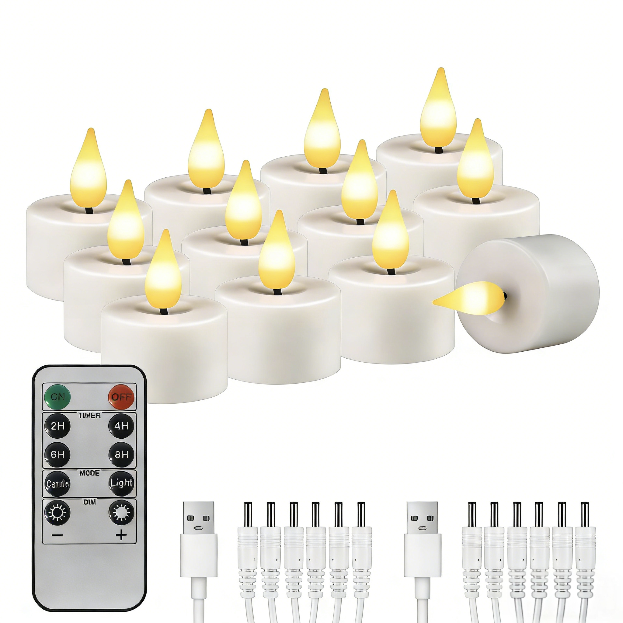 Elf weiße LED-Teelichter mit gelben Flammen, Fernbedienung und USB-Kabeln.