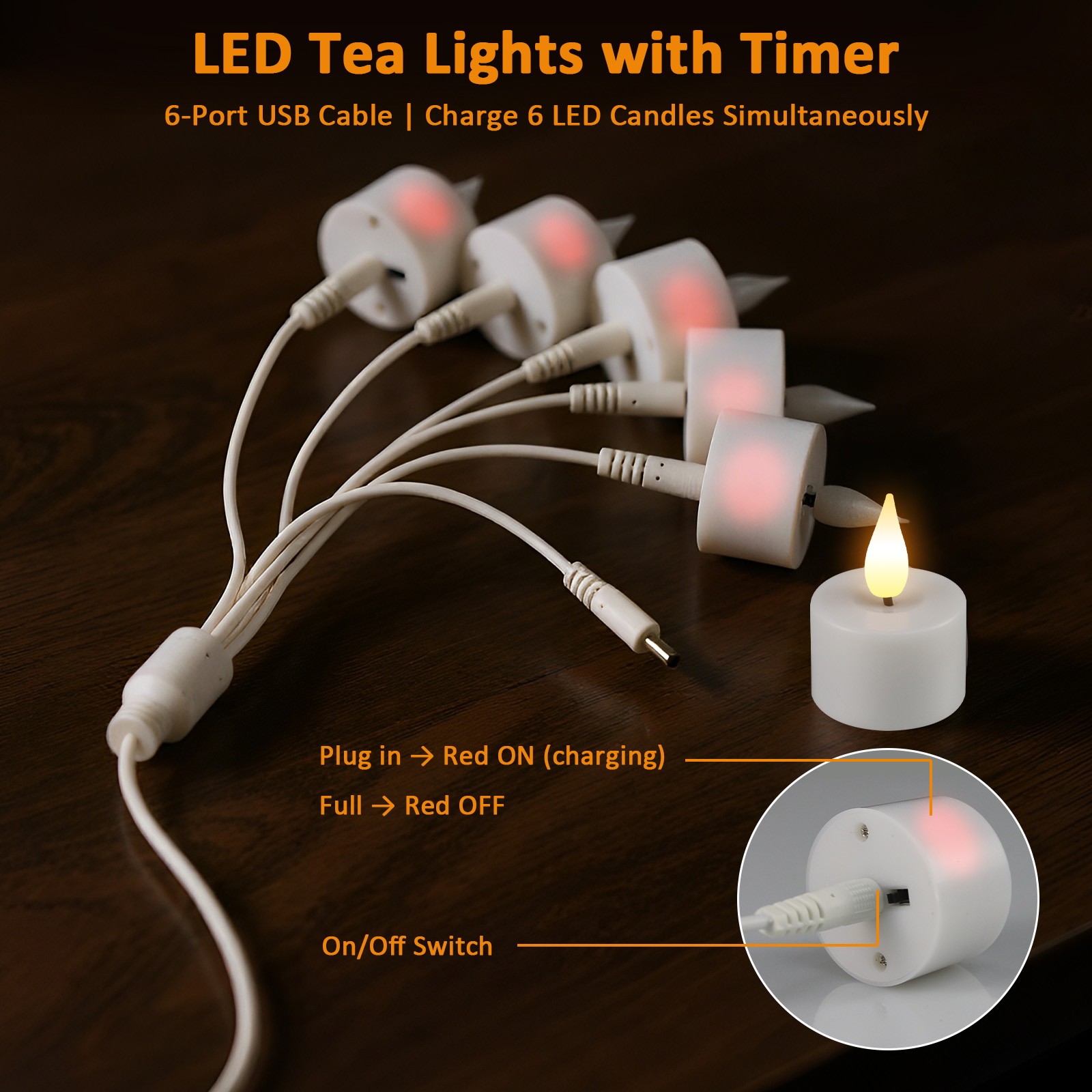 Weiße LED-Teelichter mit einem 6-Port-USB-Kabel zum gleichzeitigen Laden.