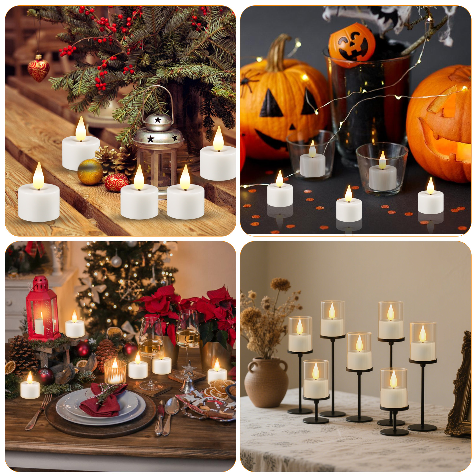 LED-Kerzen auf Holztisch, Halloween-Deko und Weihnachtstafel.