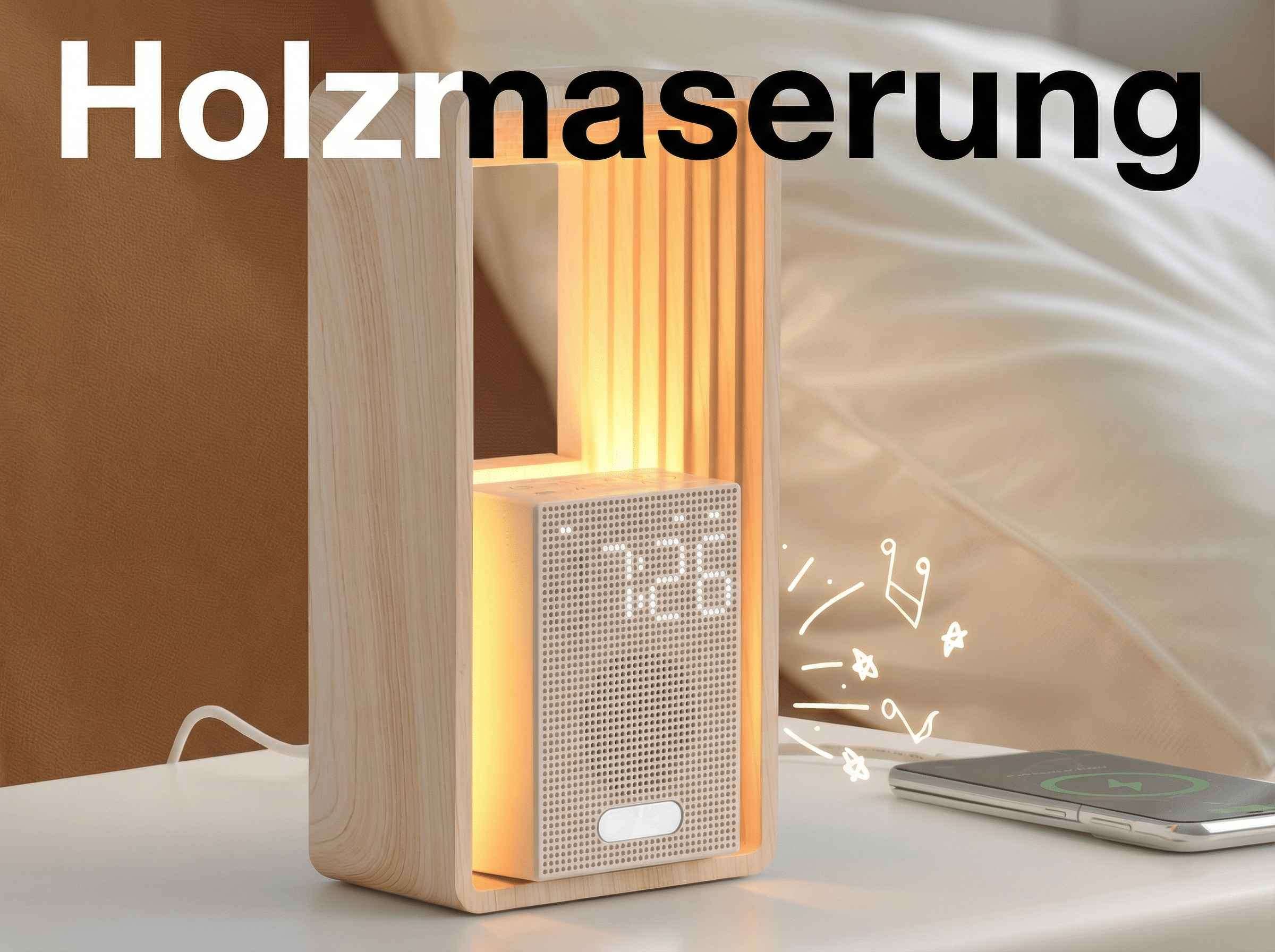 Ein Holzwecker mit Digitalanzeige steht auf einem Nachttisch neben einem Smartphone.