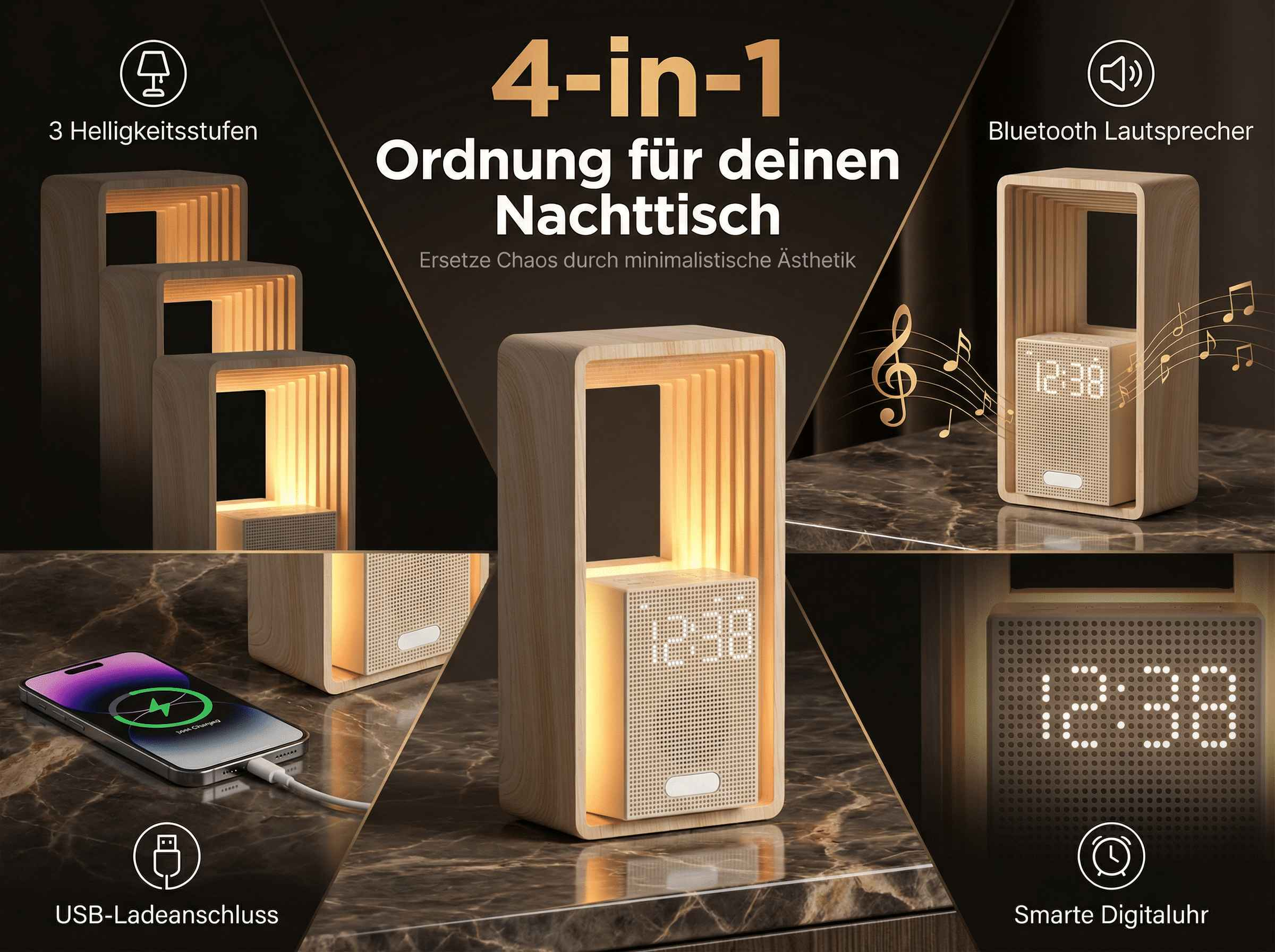 Ein Nachttisch-Organizer mit Lampe, Lautsprecher und Uhr.