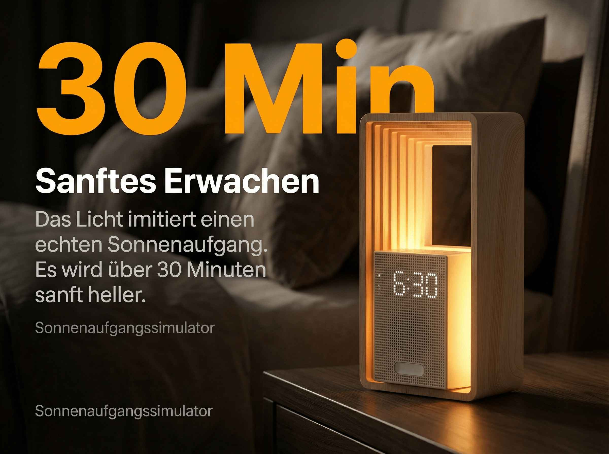 Ein Nachttisch mit einem Holzlichtwecker, der 6:30 anzeigt.