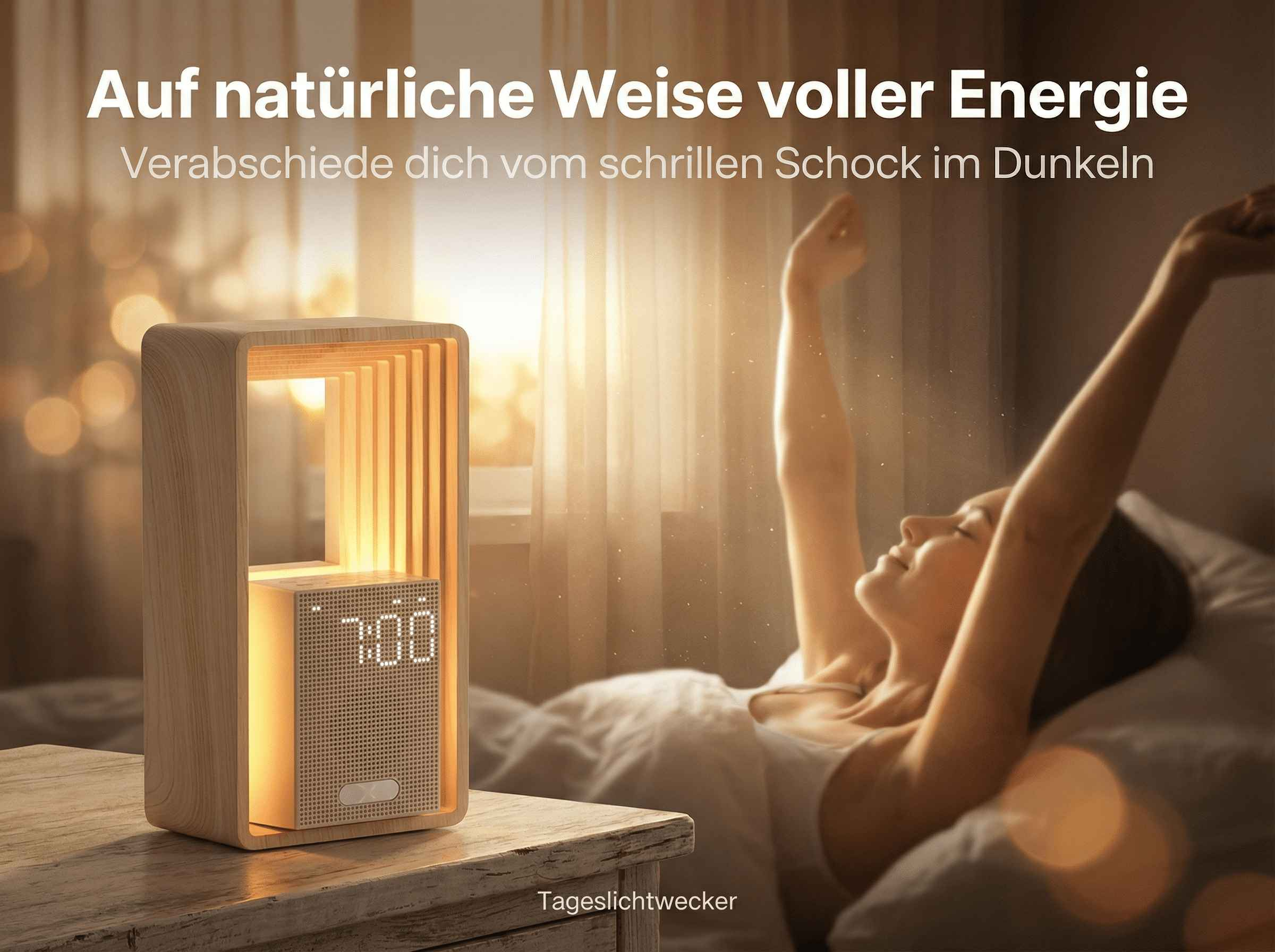 Holzwecker zeigt 7:00 Uhr. Frau streckt sich im Bett im Sonnenlicht.