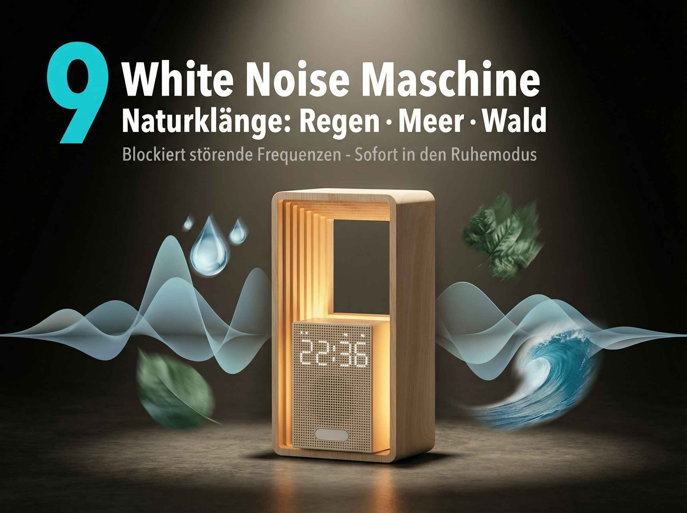 Eine Holz-White-Noise-Maschine mit digitaler Uhrzeit und Naturmotiven.