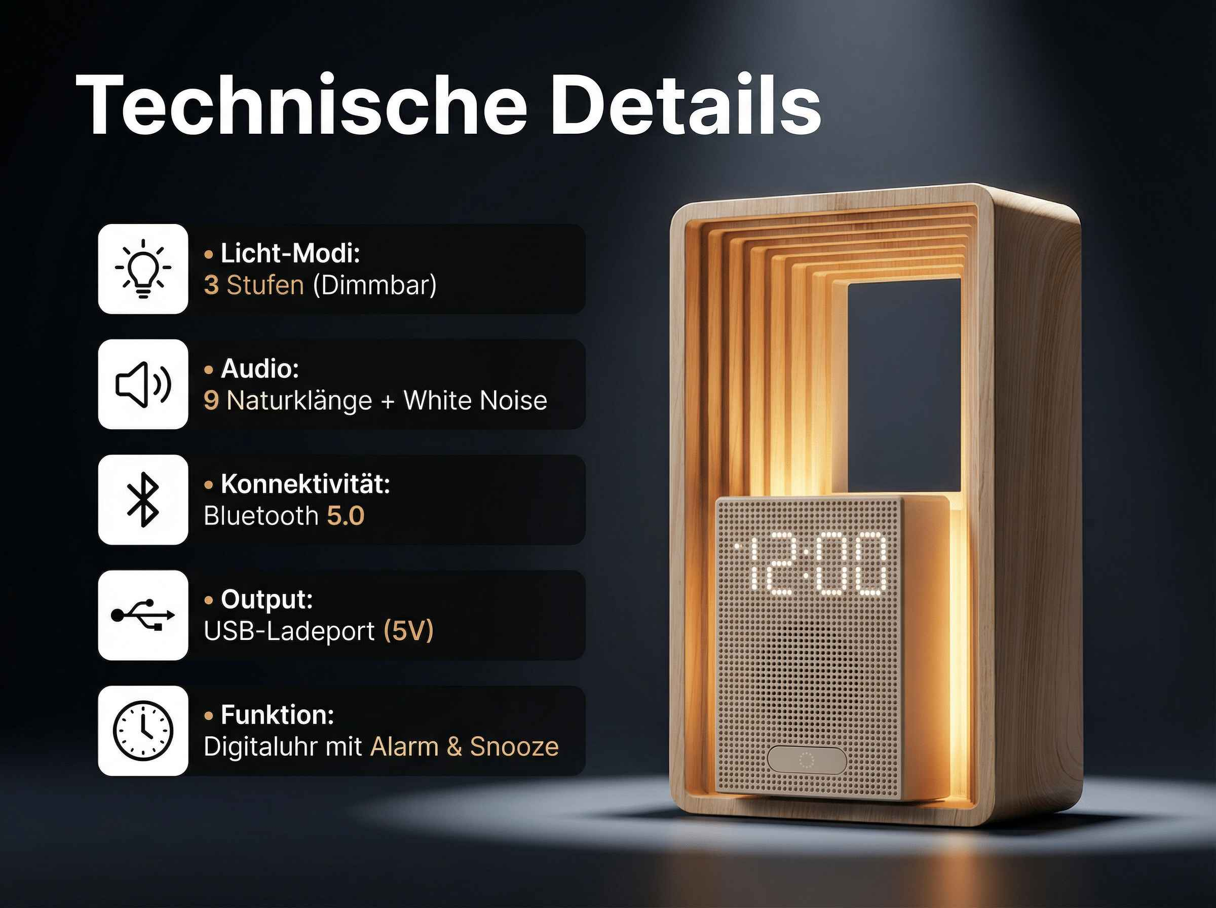 Techn details: Licht, Audio, Bluetooth 5.0, USB, Uhr mit Alarm.