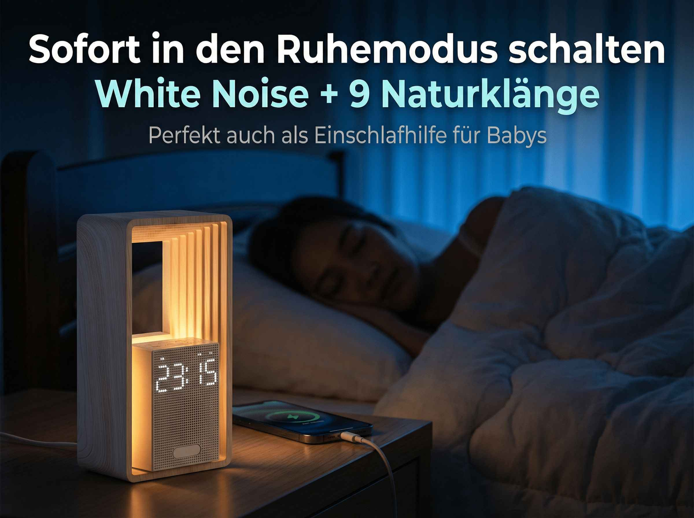 Holzlampe mit Uhrzeit 23:15, Handy lädt. Frau schläft.