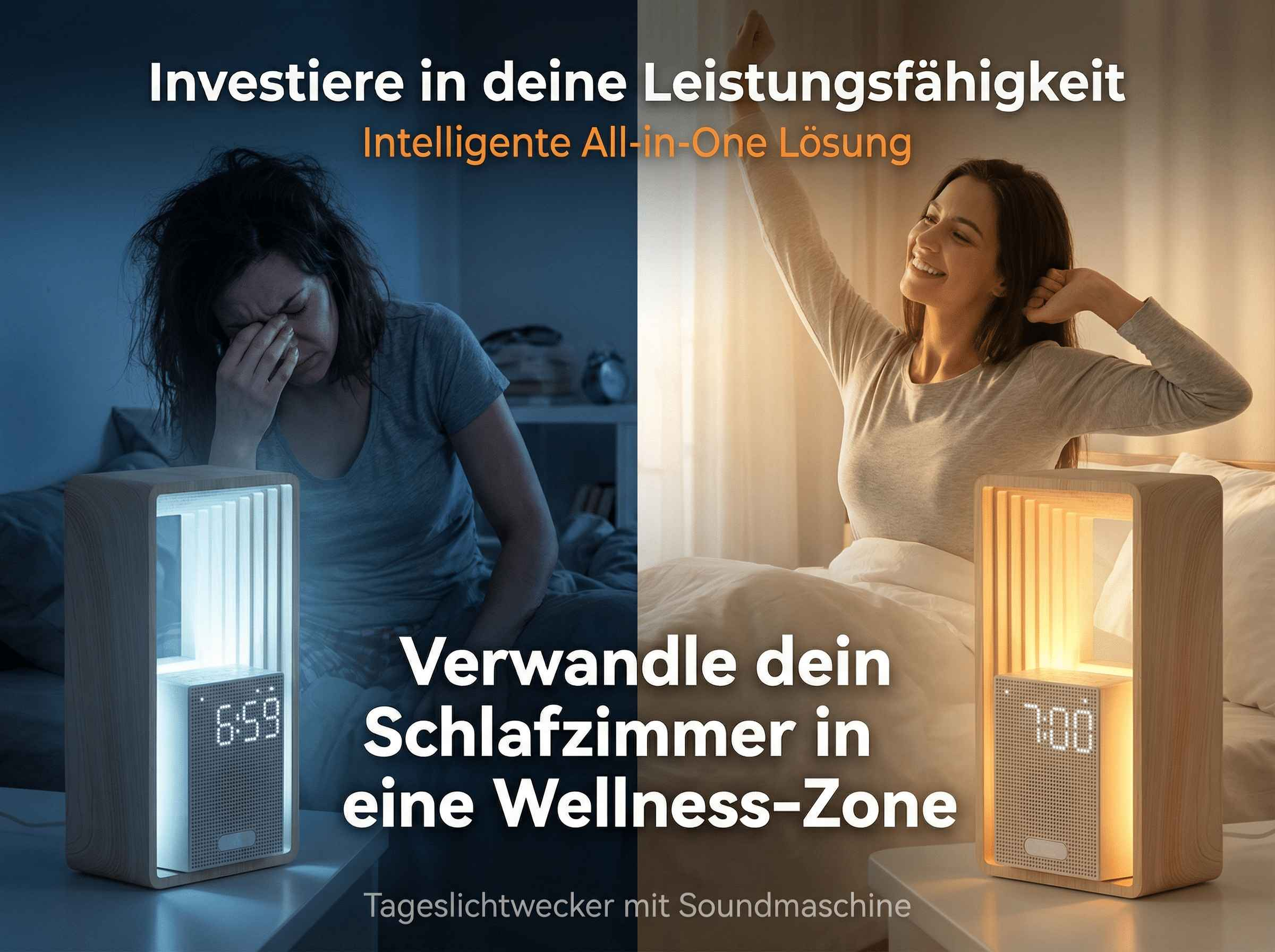 Vorher/Nachher: Müde Frau vs. erholte Frau neben einem Lichtwecker.