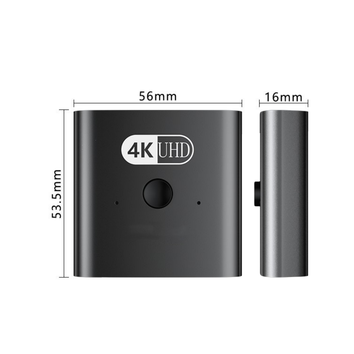 Ein schwarzes 4K UHD-Gerät mit Maßangaben 56x53,5mm und 16mm Tiefe.