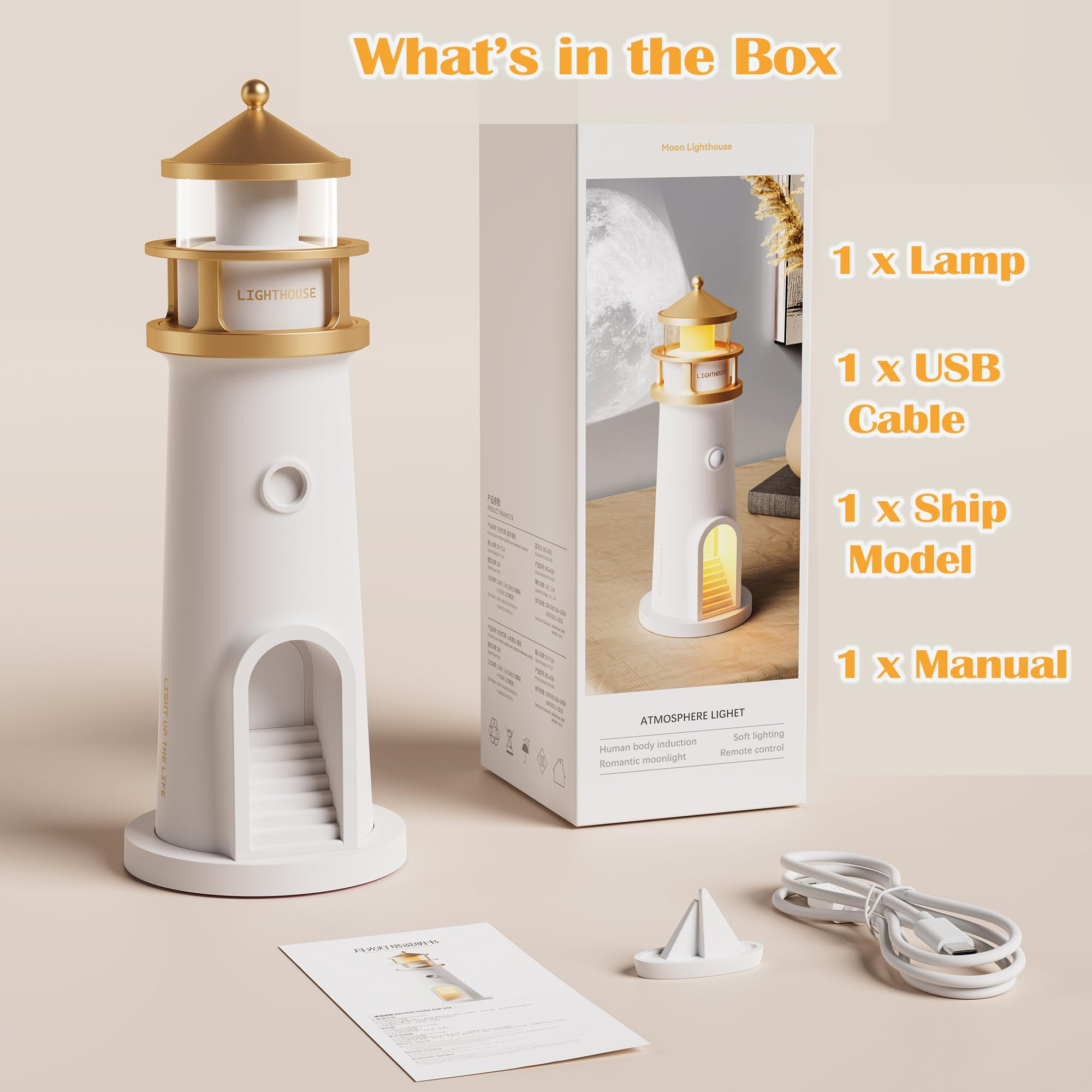 Ein weißer Leuchtturm-Tisch mit goldenen Akzenten, USB-Kabel, Schiffsmodell und Anleitung.
