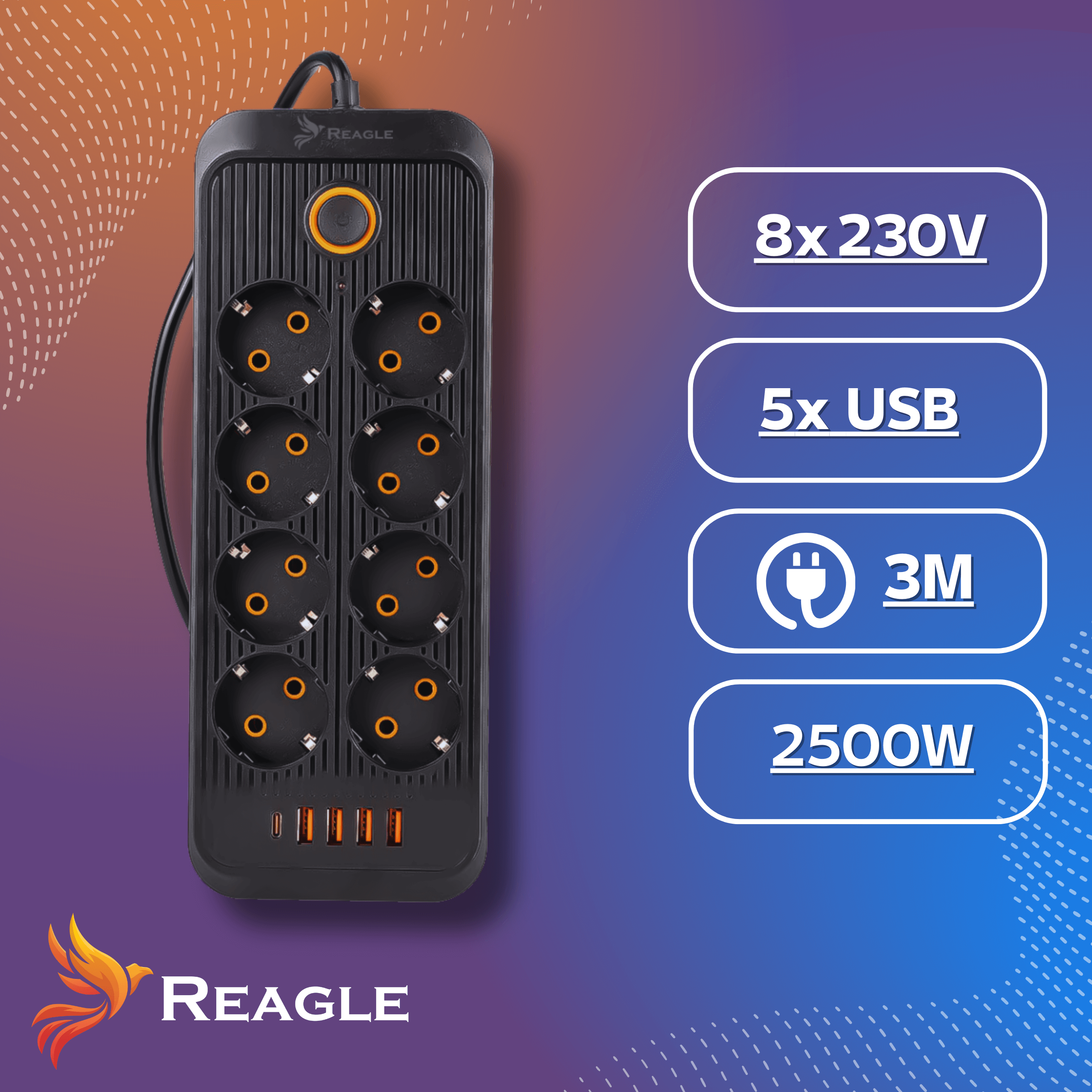 Czarna listwa zasilająca z 8 gniazdami, 5 portami USB, kablem 3m, 2500W.