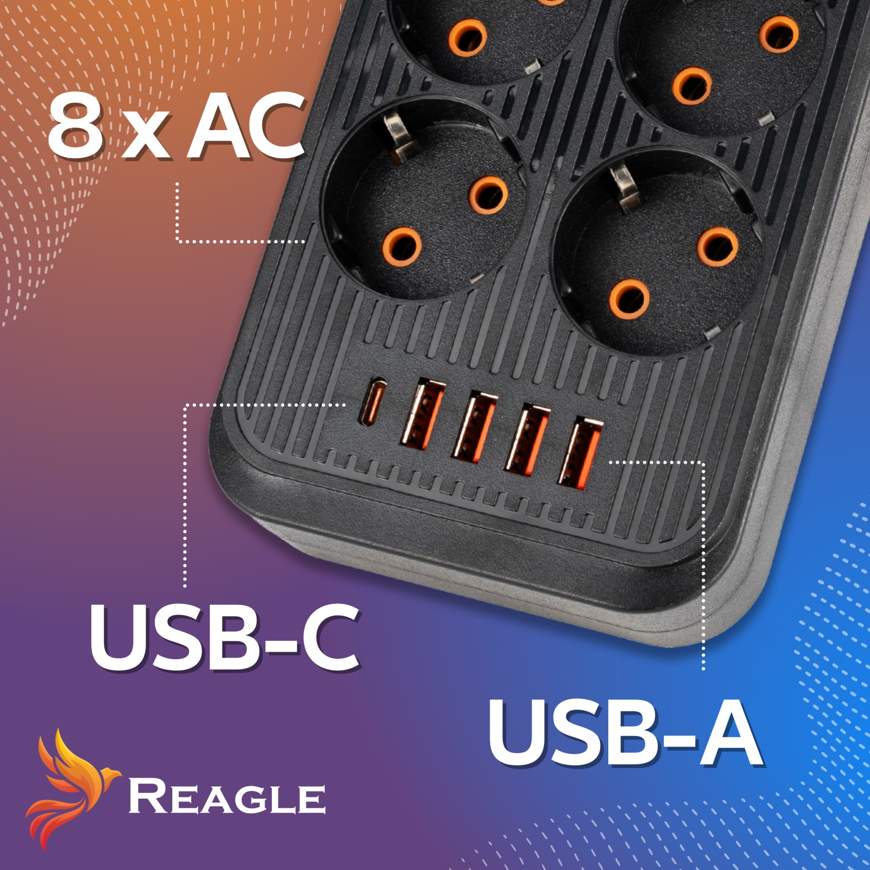 Czarna listwa zasilająca z 8 gniazdami AC, 5 portami USB-C i 3 USB-A.