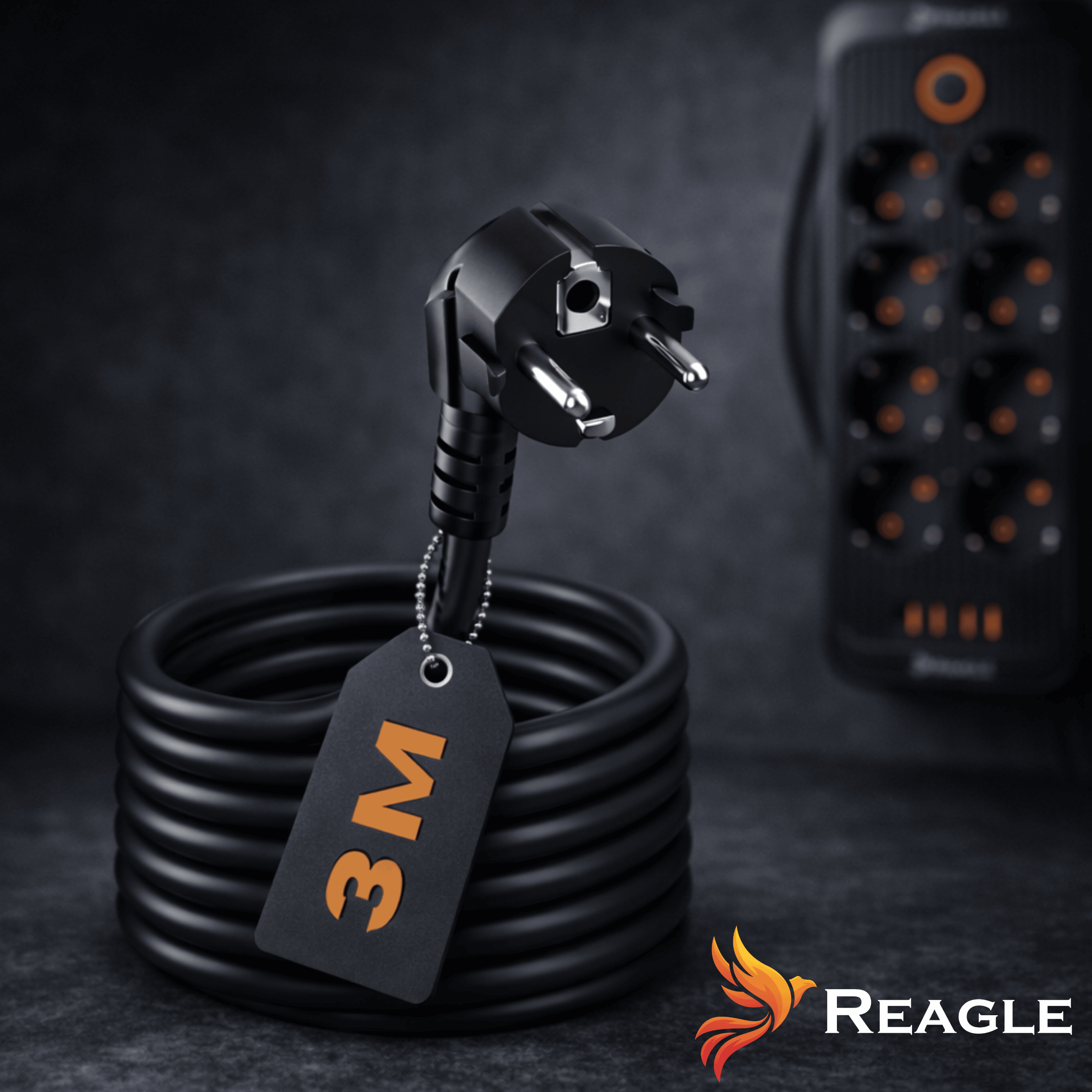 Czarny kabel zasilający z metką 3M i wtyczką, obok listwy zasilającej.