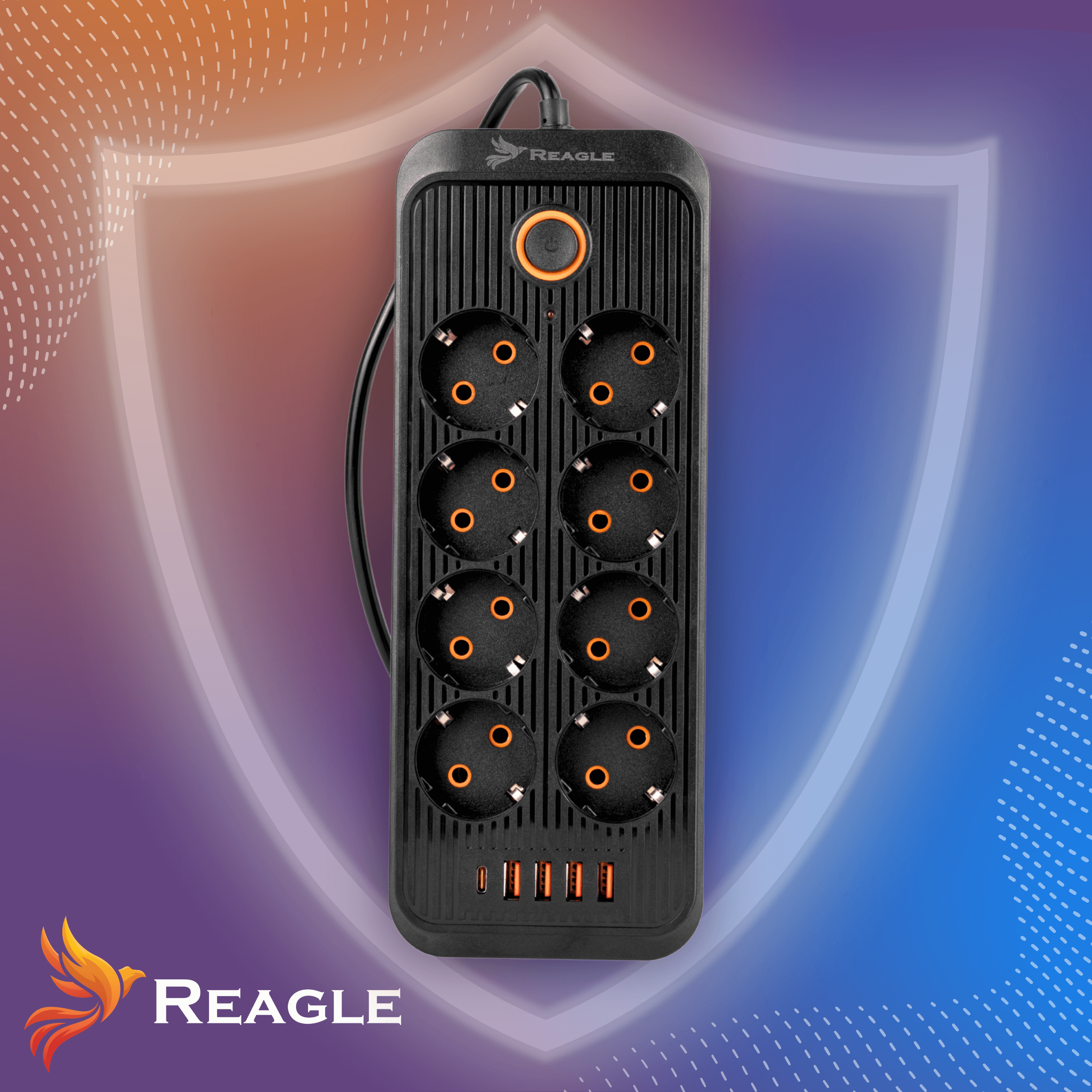 Czarna listwa zasilająca z 8 gniazdami i 4 portami USB.