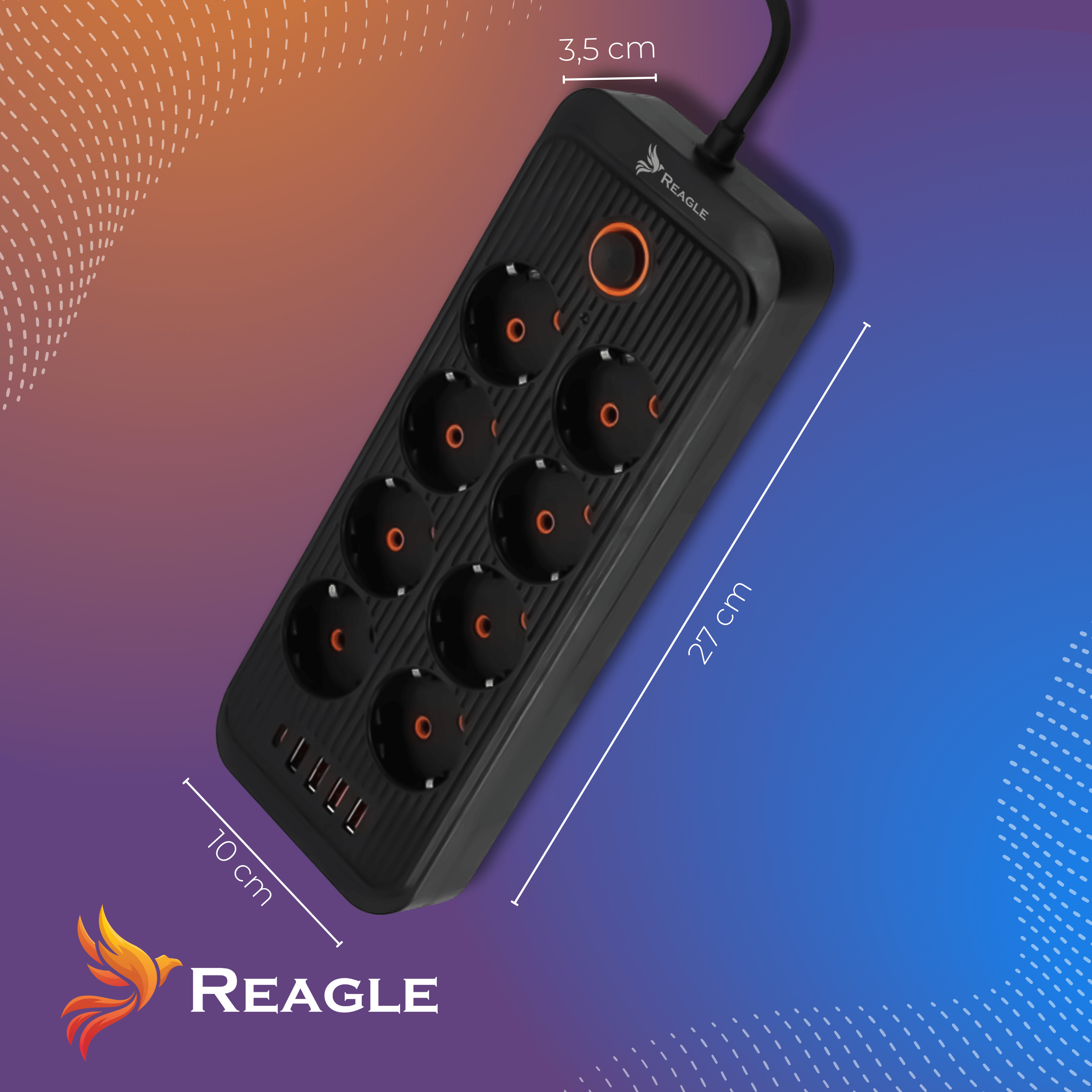 Czarna listwa zasilająca z 8 gniazdami, 4 portami USB i pomarańczowymi akcentami.