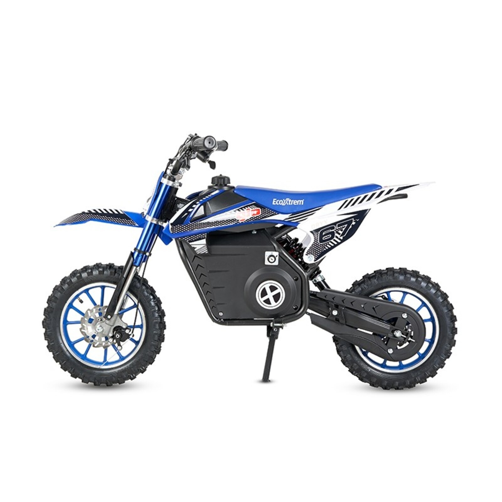 Una moto de cross eléctrica azul y blanca con detalles negros sobre fondo blanco.