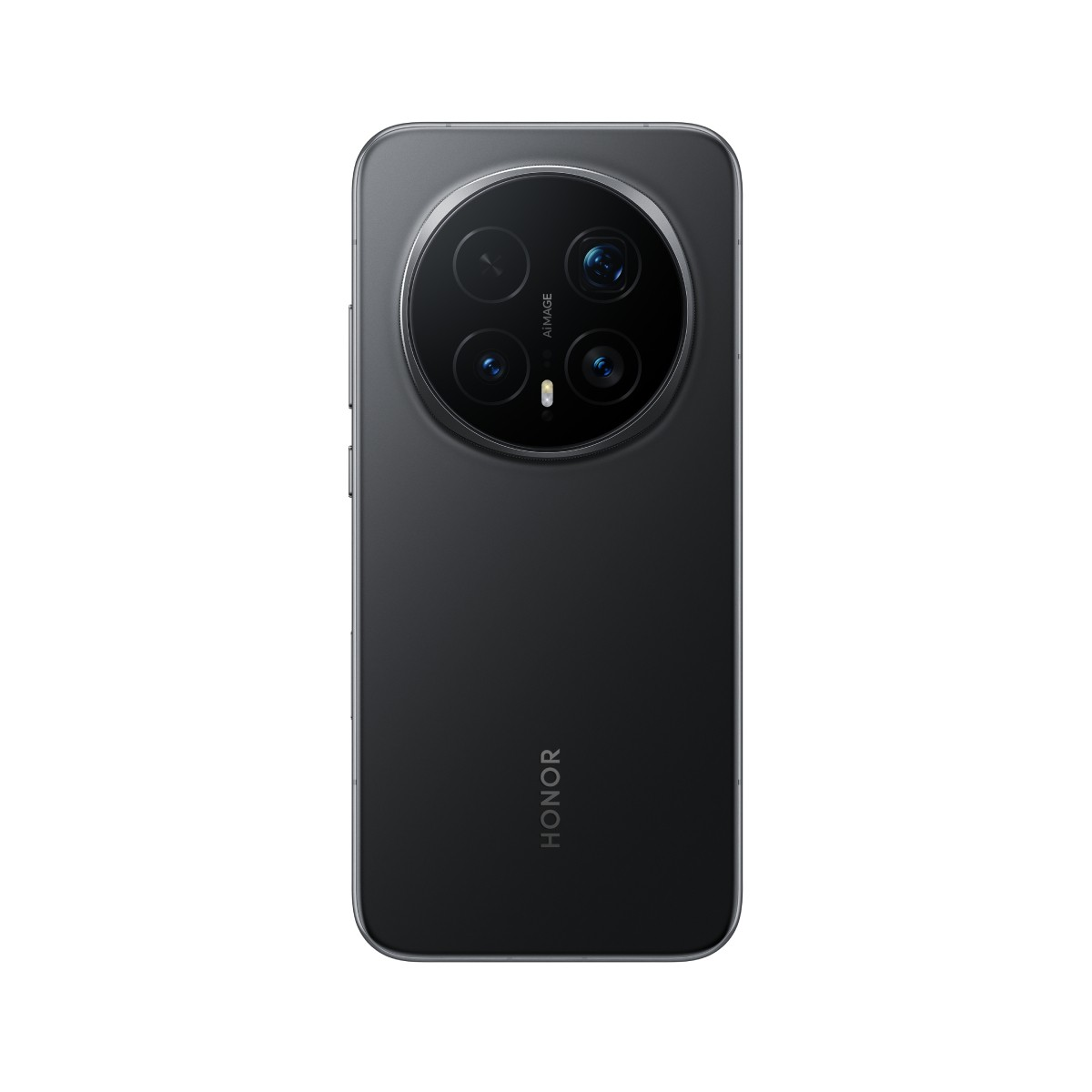 Czarny smartfon Honor z okrągłą wyspą aparatu z trzema obiektywami.
