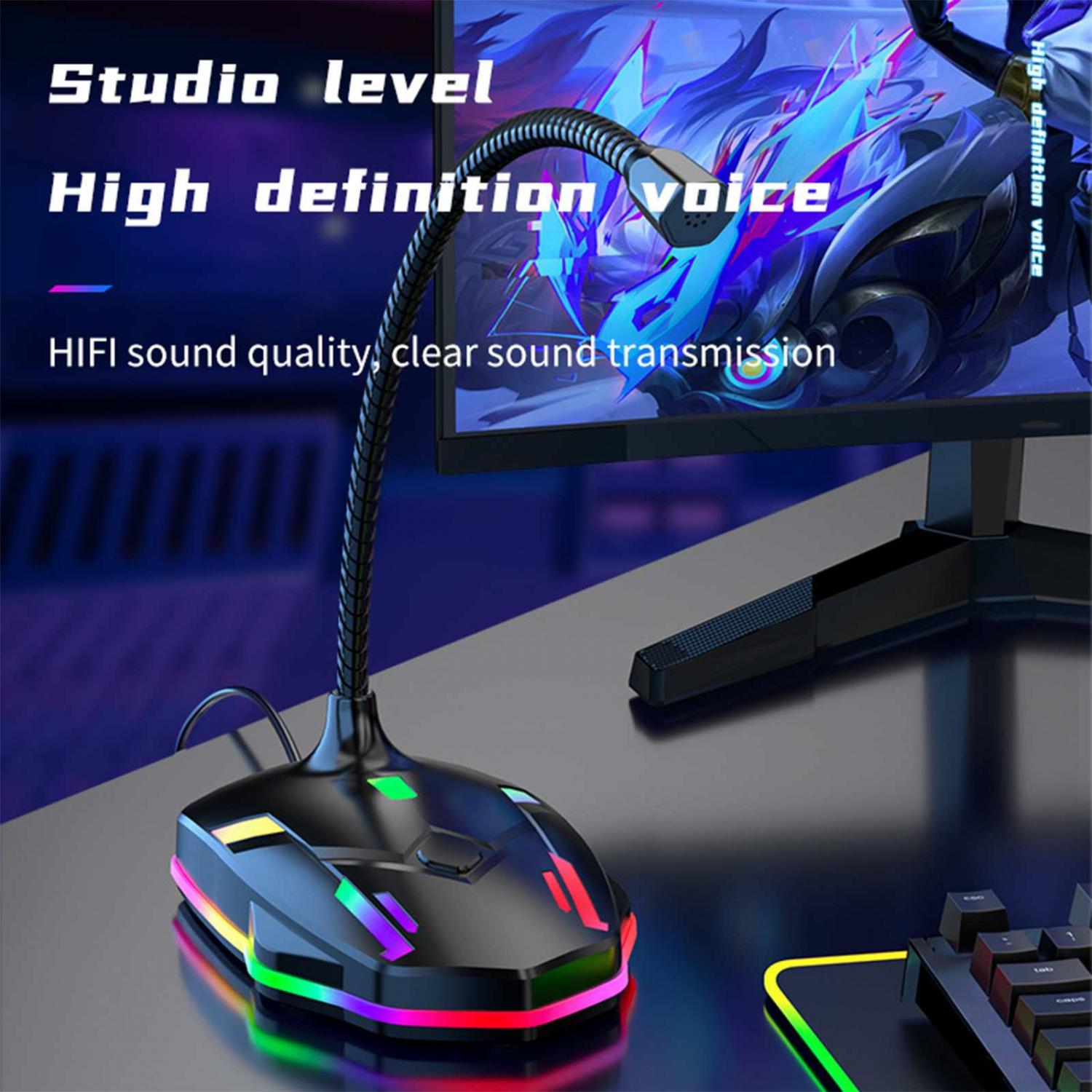 Ein schwarzes Mikrofon mit bunter RGB-Beleuchtung steht auf einem Schreibtisch.